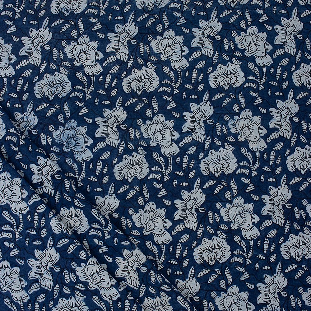 Organic Indigo Blue Floral Print Pure Cotton Natural Vegetable Hand Dyed Fabric Cloth - Image 2