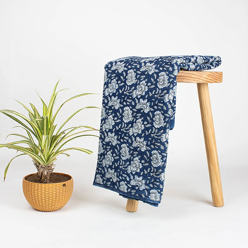 Organic Indigo Blue Floral Print Pure Cotton Natural Vegetable Hand Dyed Fabric Cloth - Image 3
