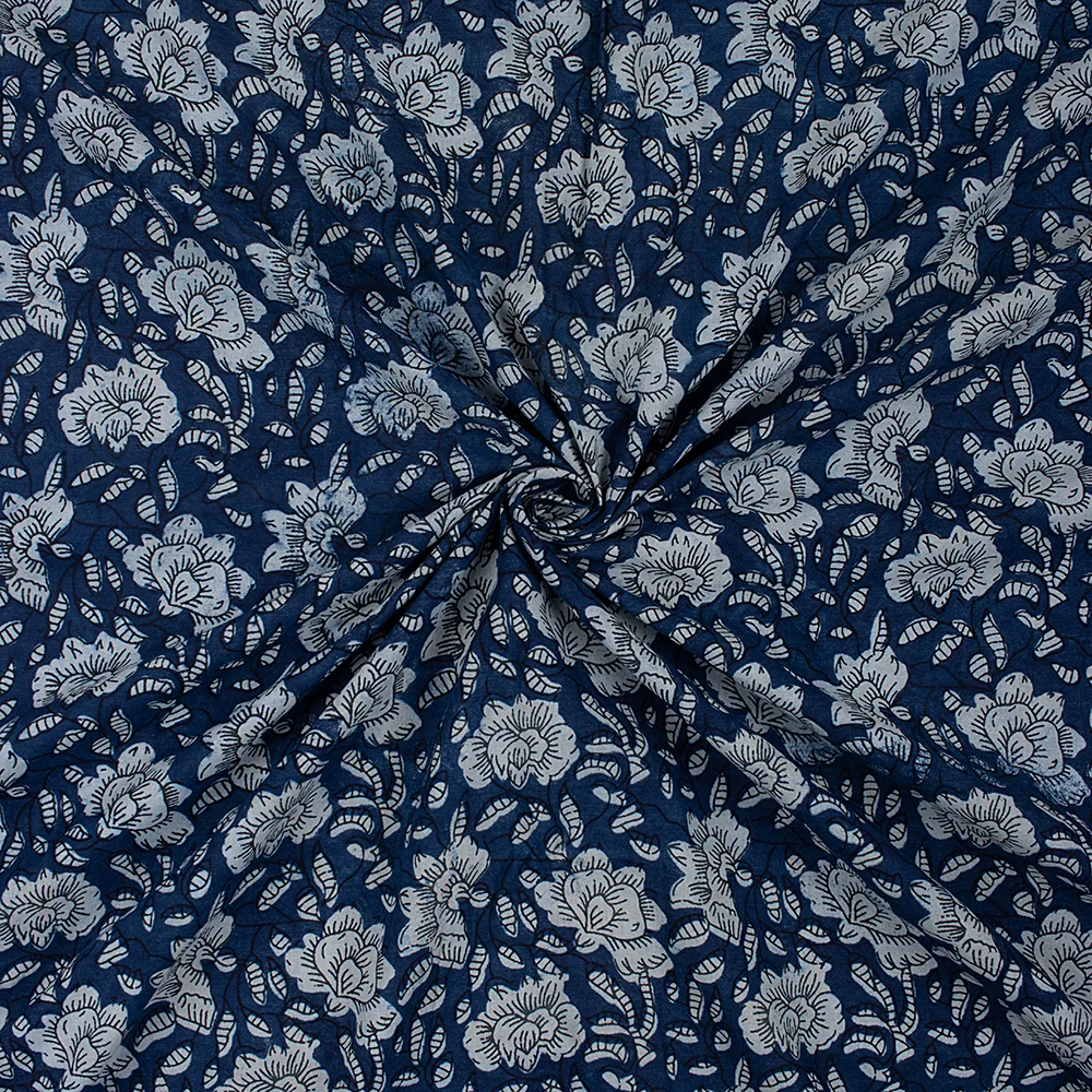 Organic Indigo Blue Floral Print Pure Cotton Natural Vegetable Hand Dyed Fabric Cloth - Image 5