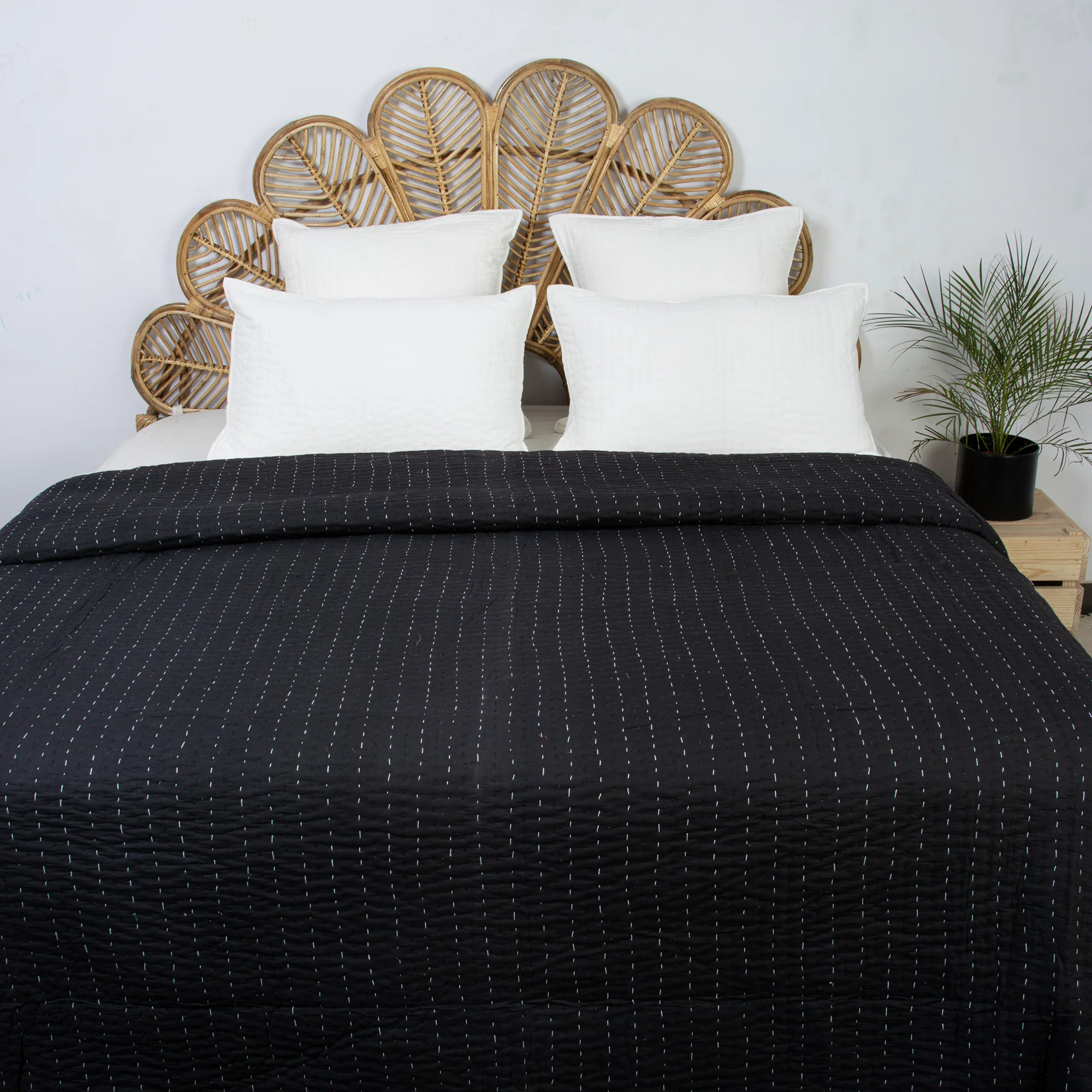 Modern Solid Black Hand Stitched Cotton Kantha Quilt Blanket