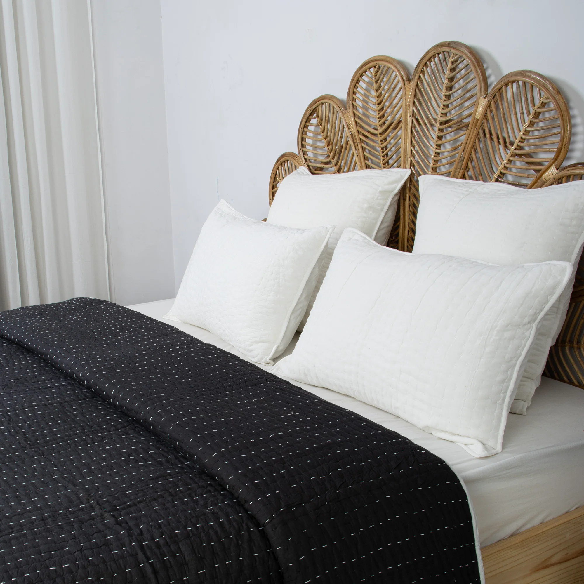 Modern Solid Black Hand Stitched Cotton Kantha Quilt Blanket - Image 2
