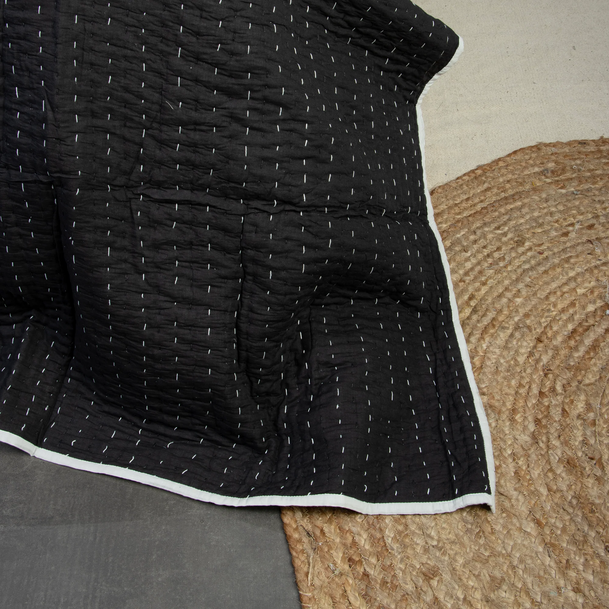 Modern Solid Black Hand Stitched Cotton Kantha Quilt Blanket - Image 3