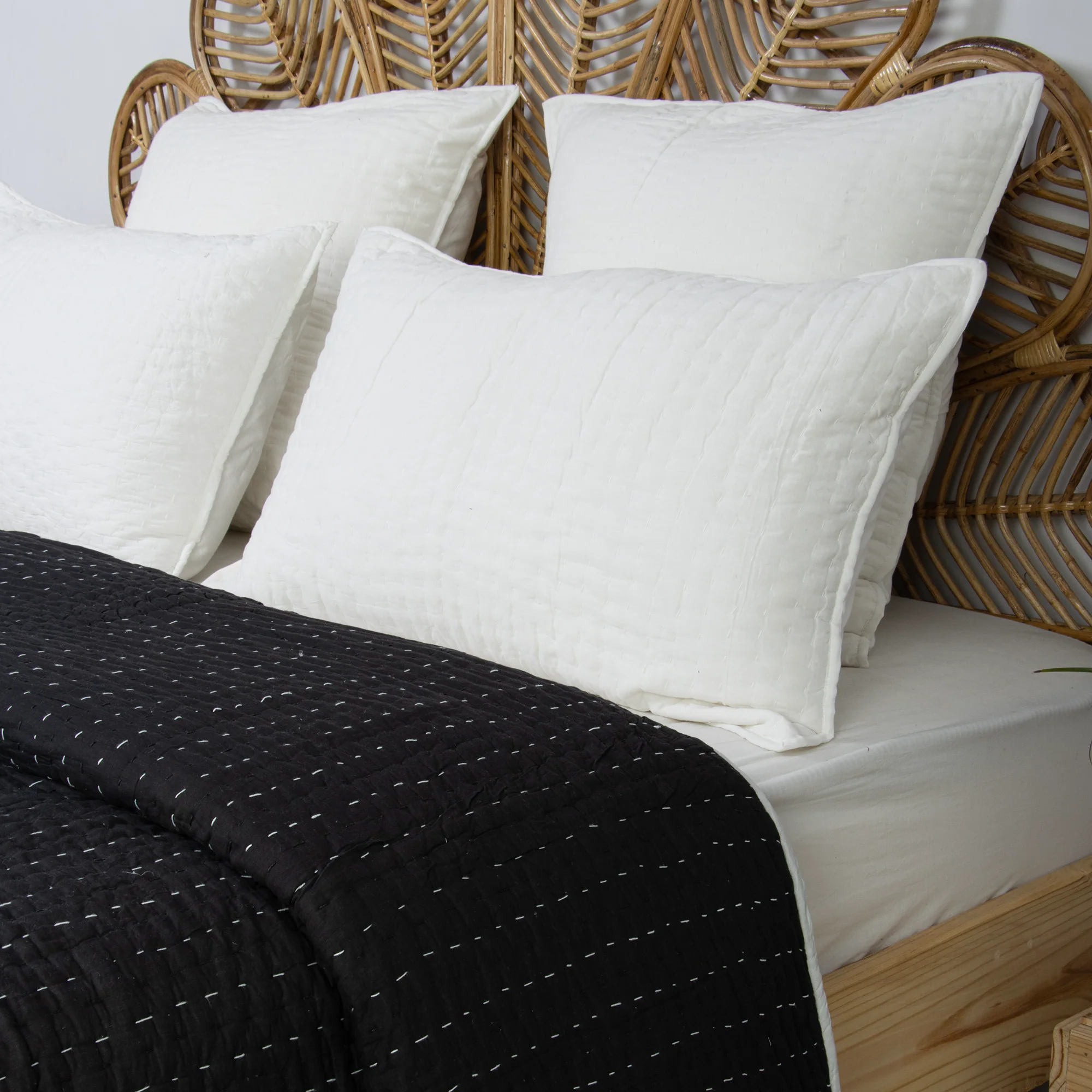 Modern Solid Black Hand Stitched Cotton Kantha Quilt Blanket - Image 4