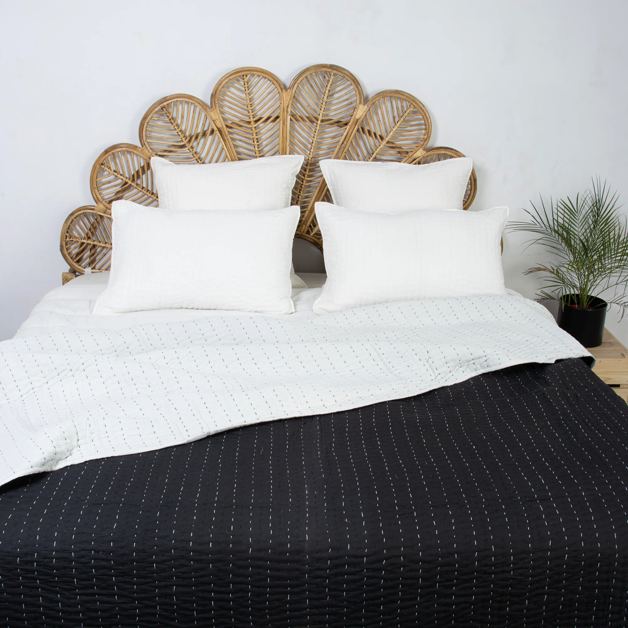 Modern Solid Black Hand Stitched Cotton Kantha Quilt Blanket - Image 5