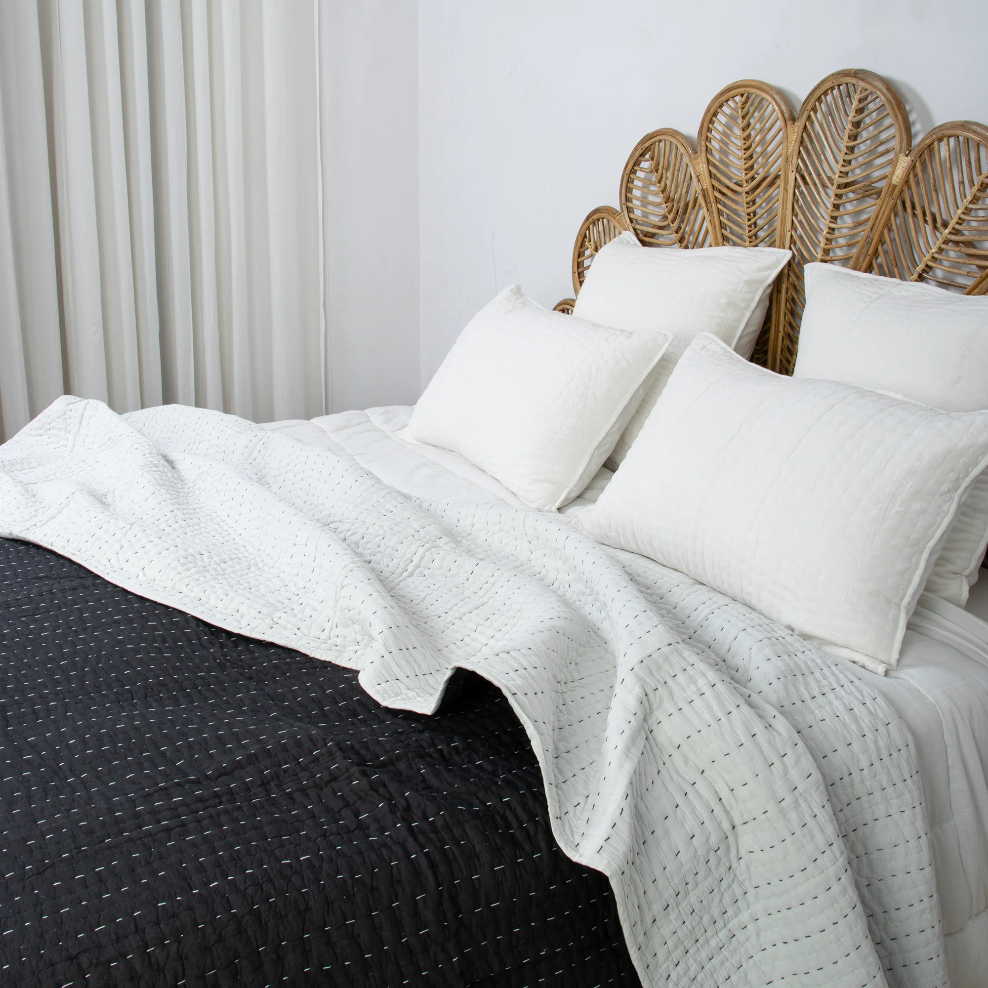 Modern Solid Black Hand Stitched Cotton Kantha Quilt Blanket - Image 6
