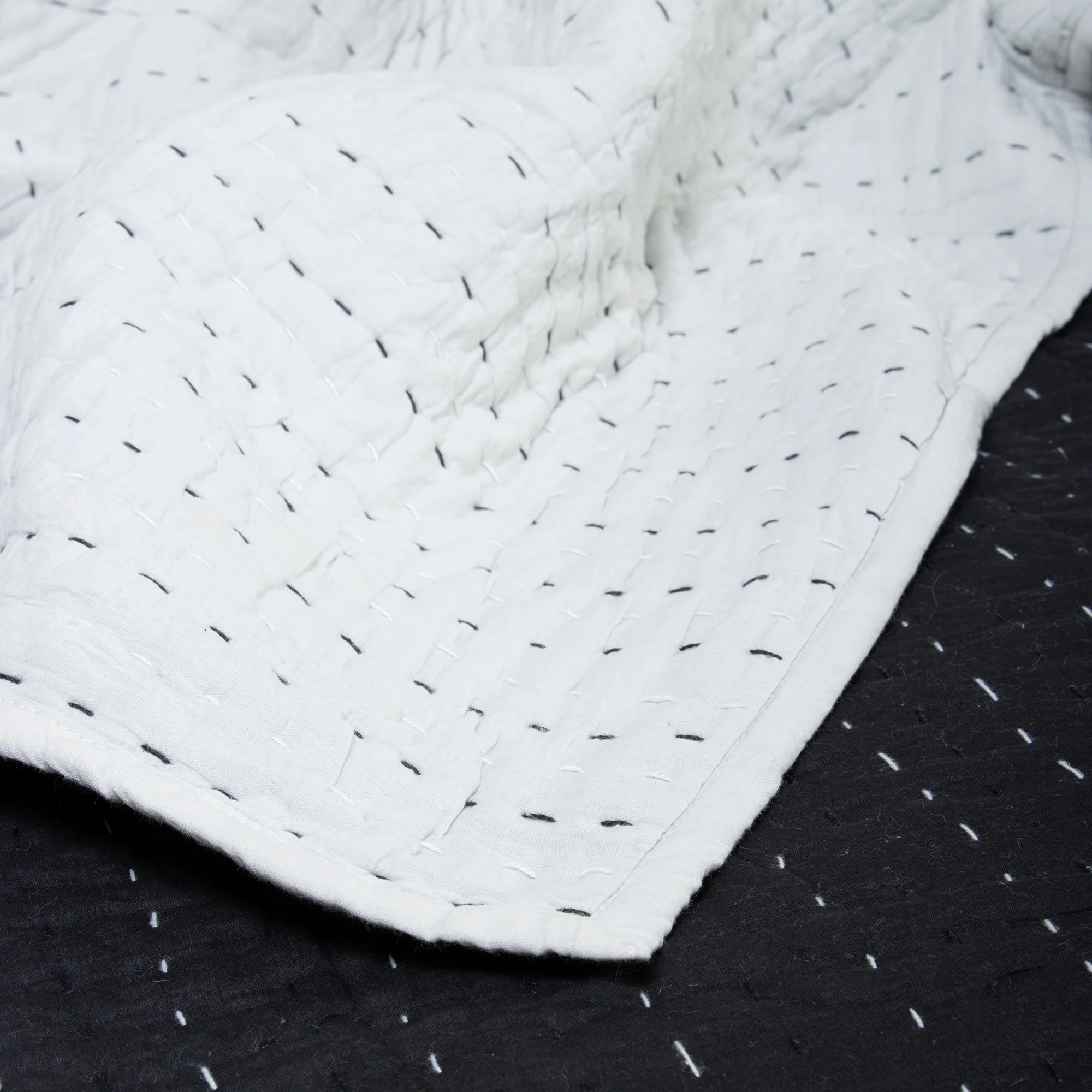 Modern Solid Black Hand Stitched Cotton Kantha Quilt Blanket - Image 7