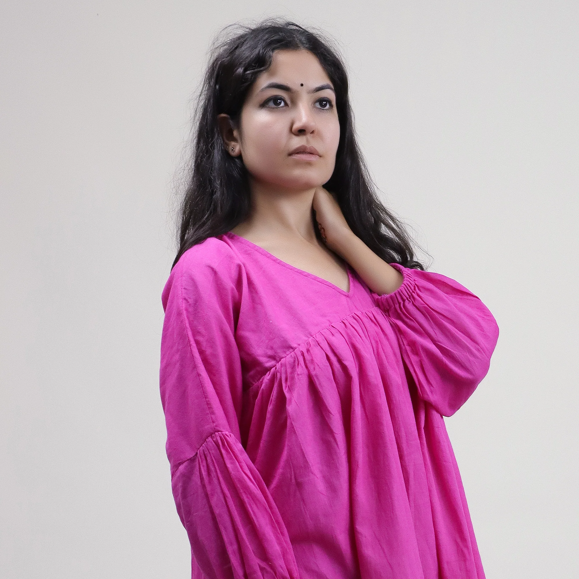 Solid V Neck Cotton Midi Dress For Women's - Image 4