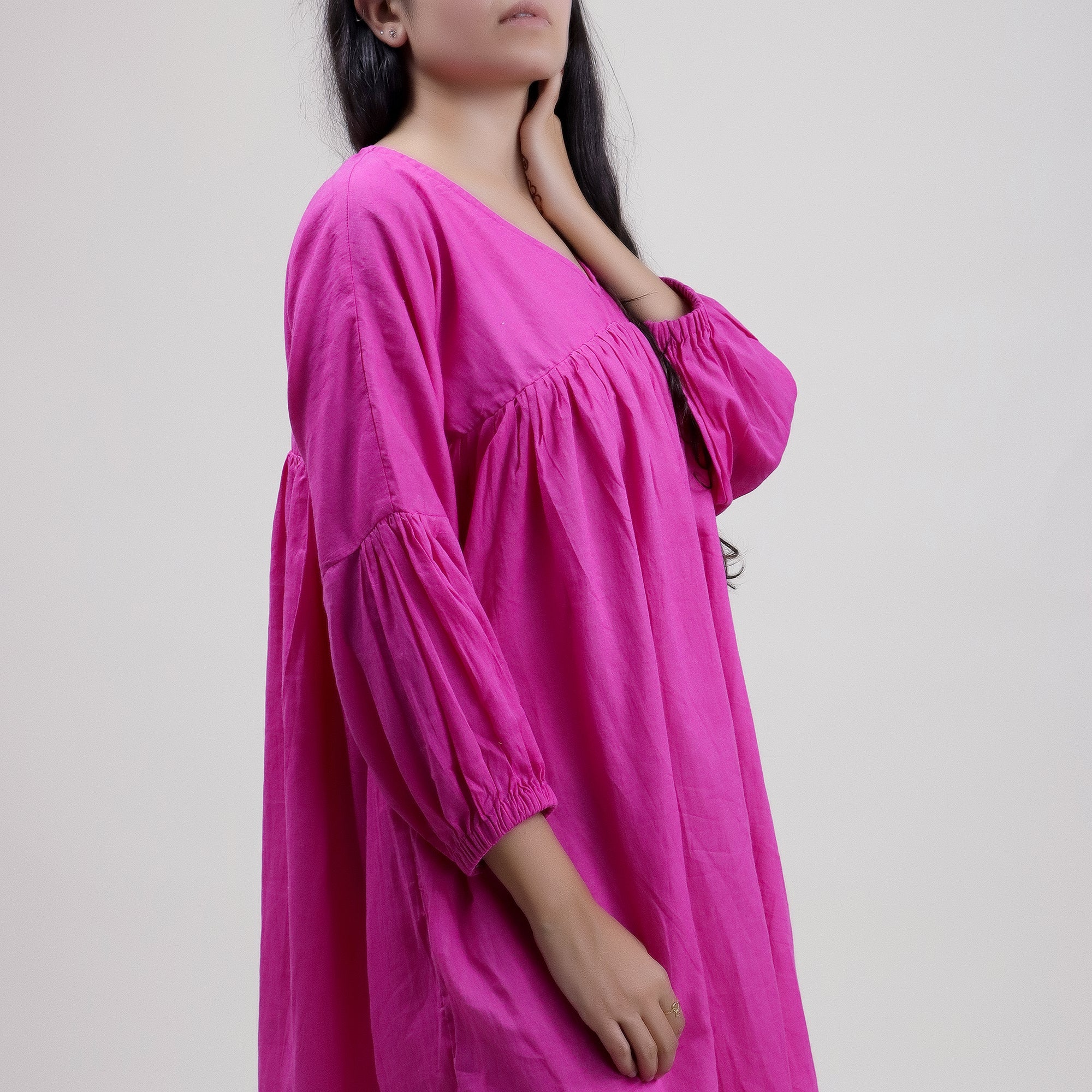 Solid V Neck Cotton Midi Dress For Women's - Image 7