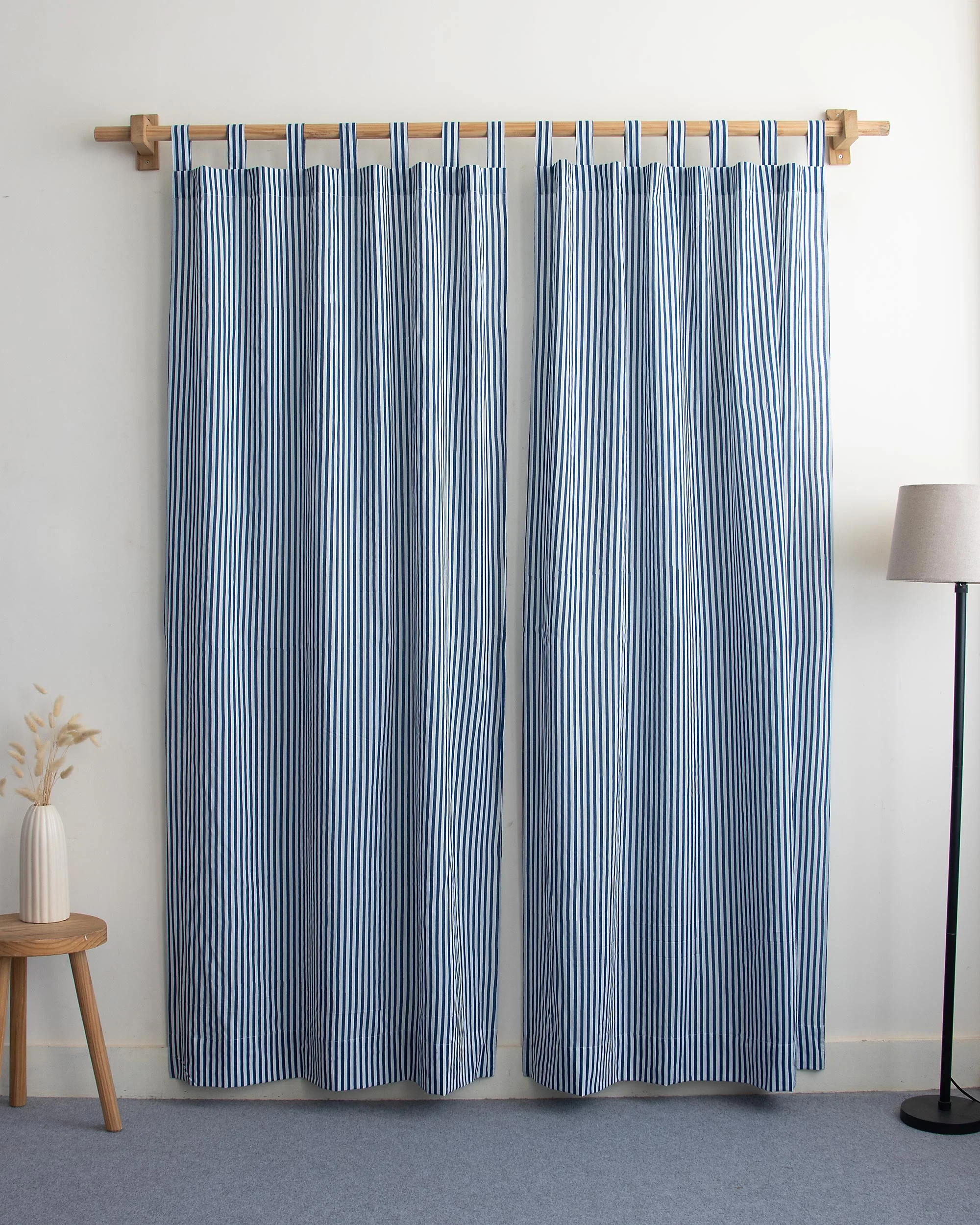 Blue Striped Block Printed Cotton Curtains for Window | Door| Room Decor - Image 2