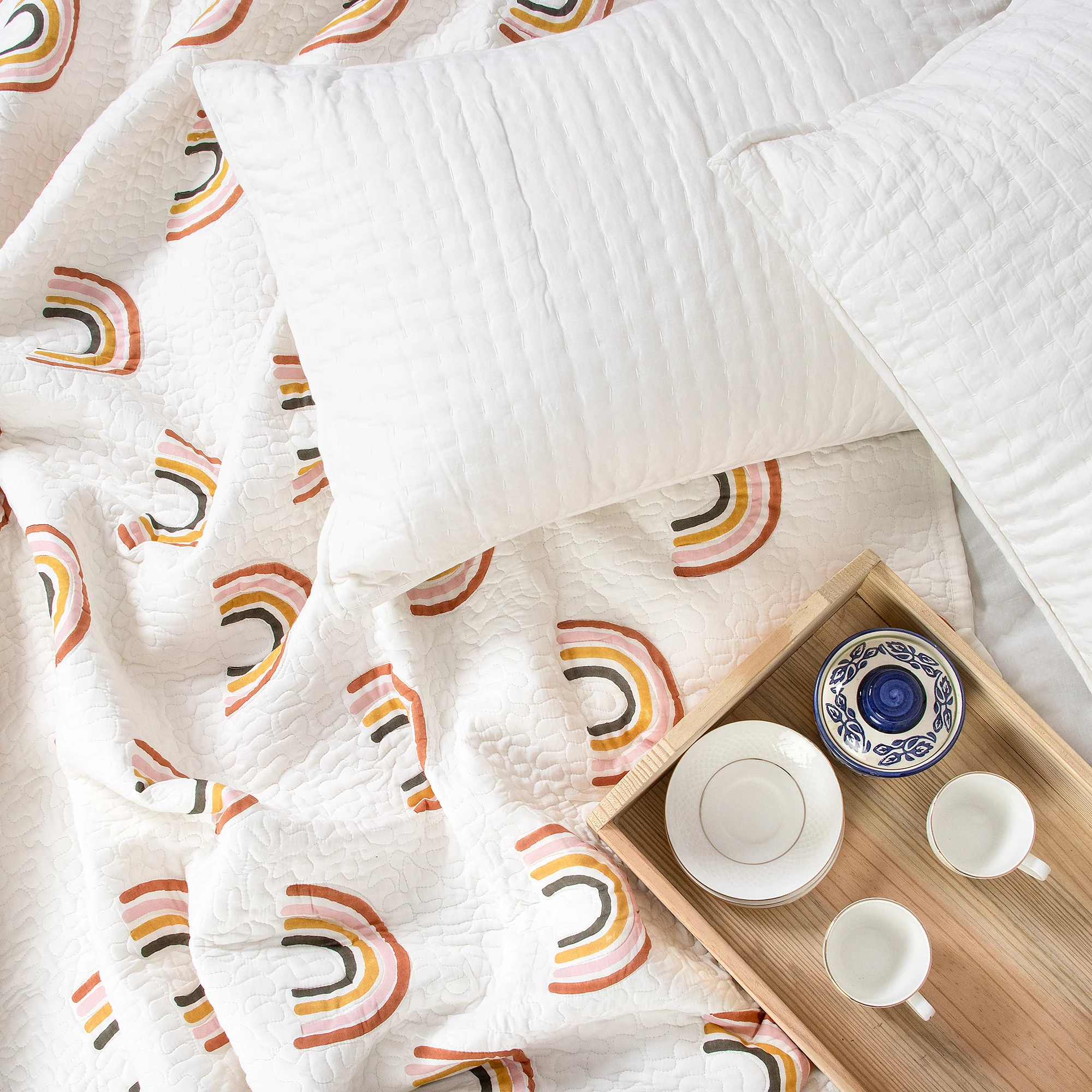 Designer Rainbow Block Printed Pure Cotton Machine Quilts - Image 3