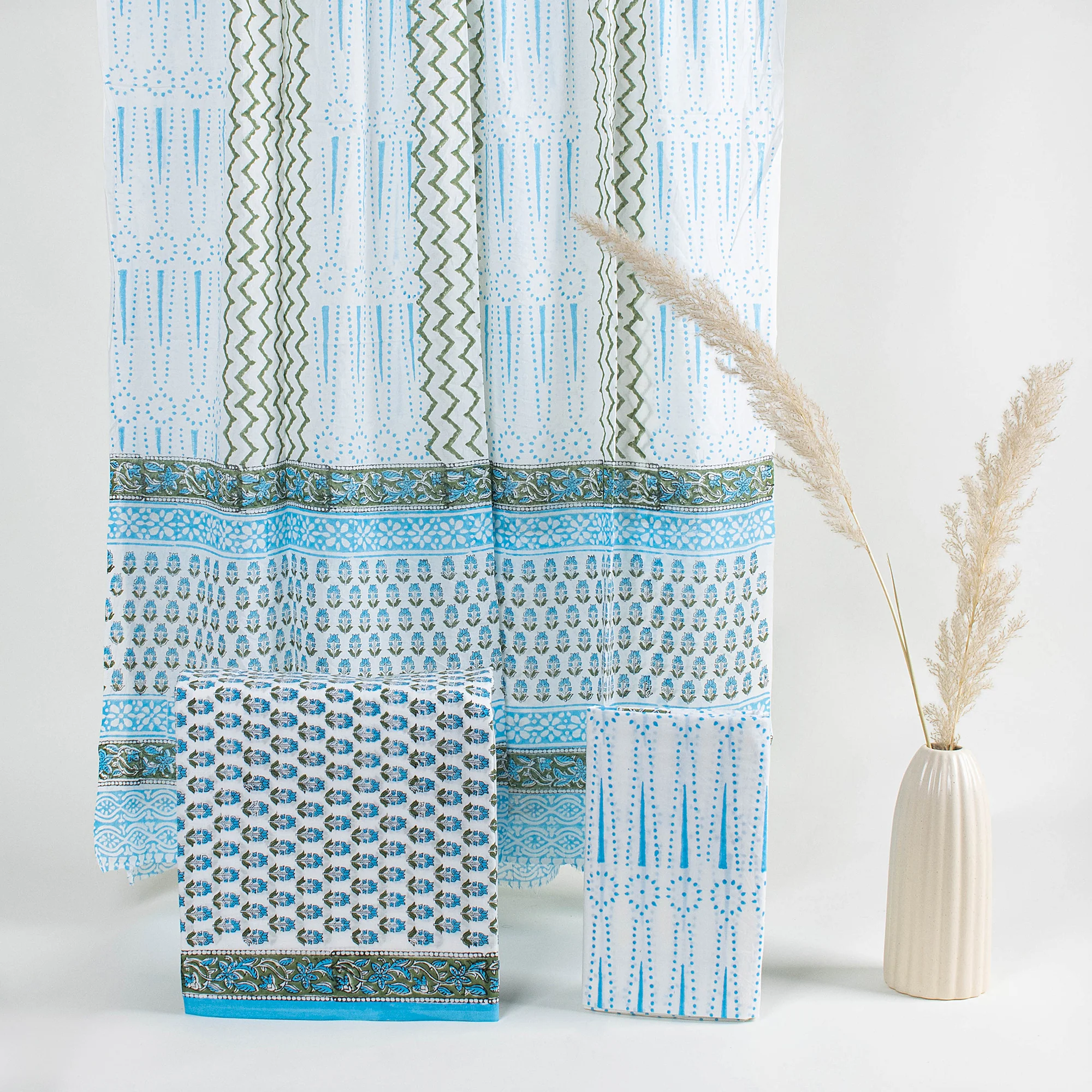 Hand Block Sky Blue Rangoli Printed 100% Cotton 3PC Suit Set Cotton Dupatta