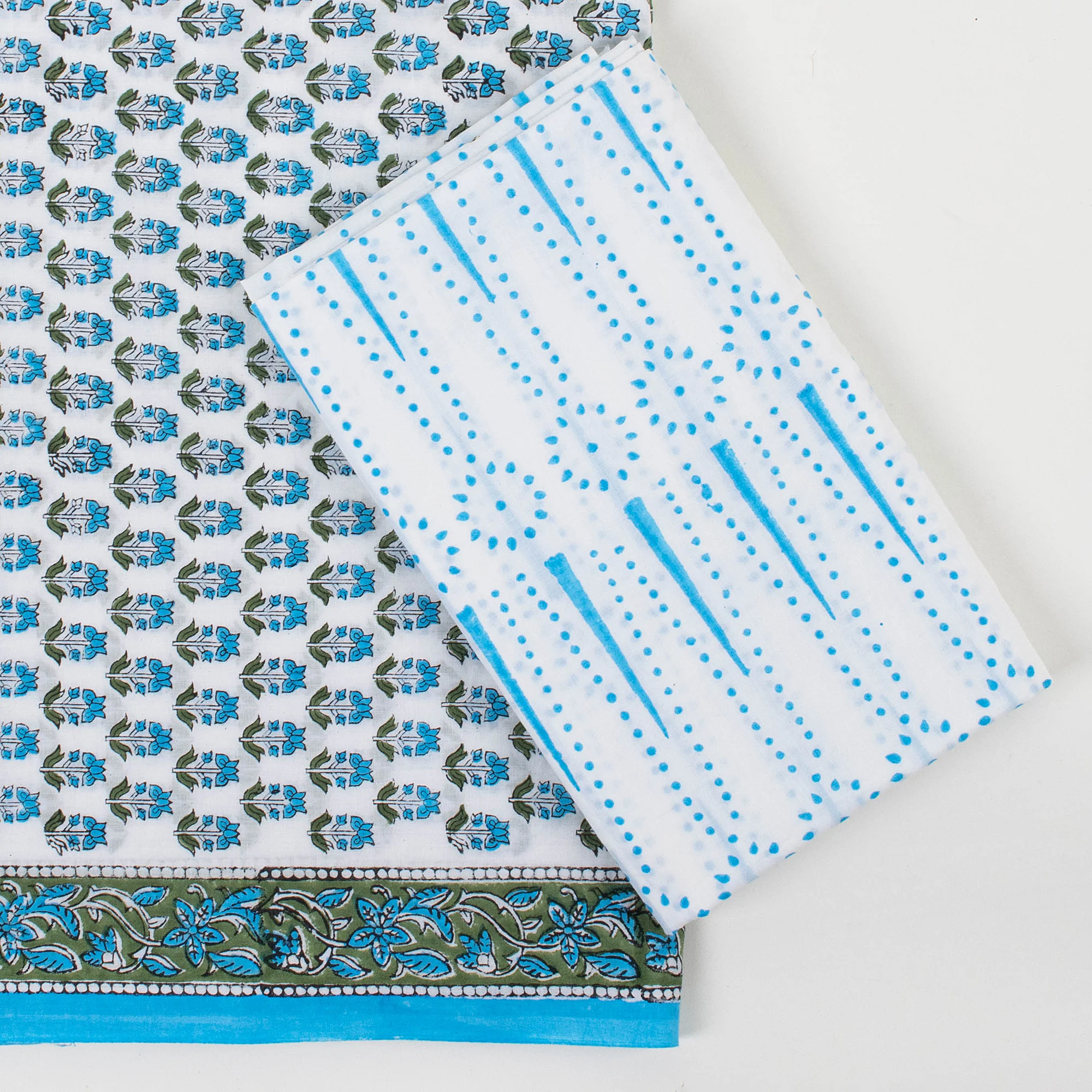 Hand Block Sky Blue Rangoli Printed 100% Cotton 3PC Suit Set Cotton Dupatta - Image 2