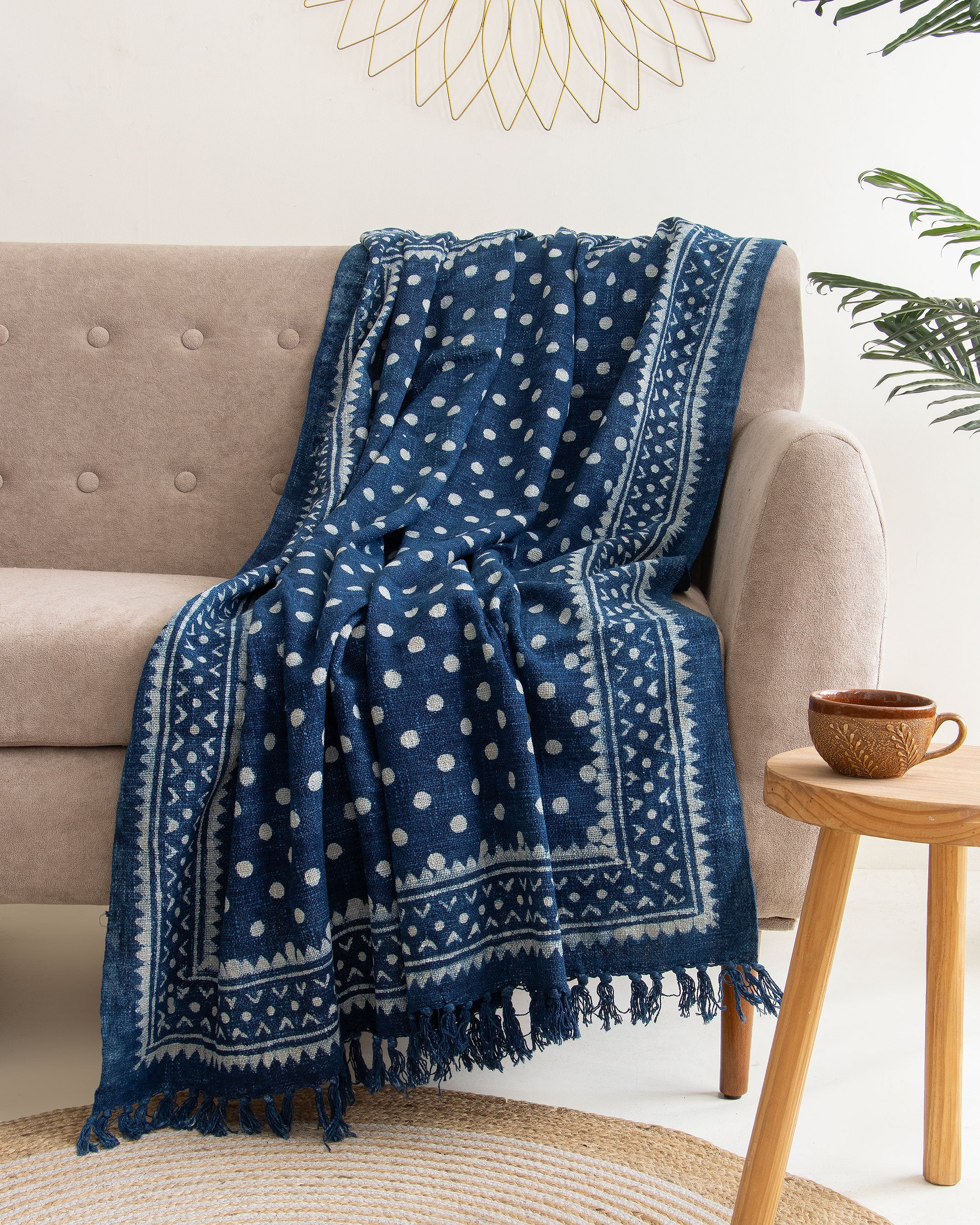 Blue Polka Dots Block Printed Cotton Throw Blanket