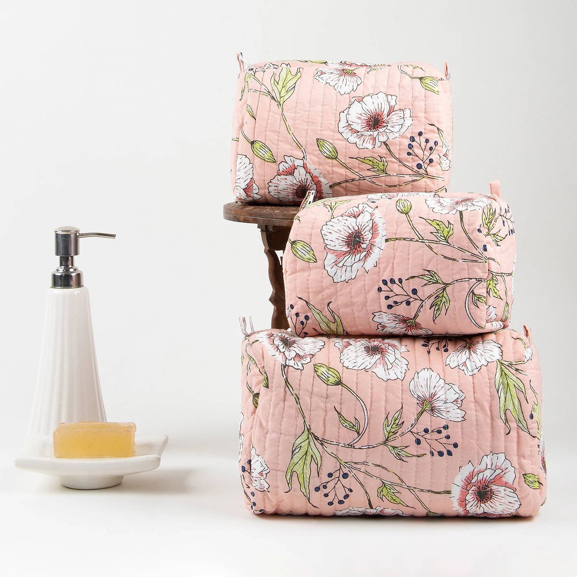 Luxury Color Block Printed Floral Toiletry Bag for Travel Set of 3