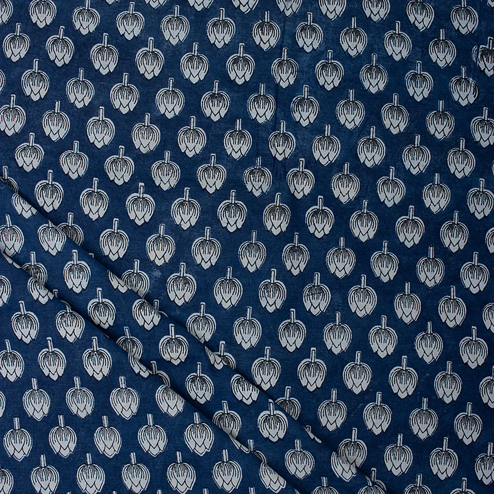 Organic Indian Hand Printed Indigo Blue Booti Cotton Dress Making Fabric - Image 2