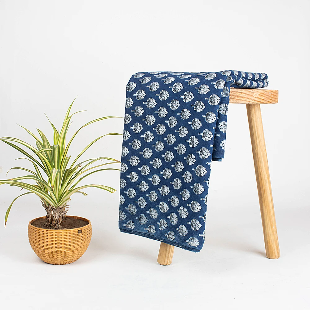 Organic Indian Hand Printed Indigo Blue Booti Cotton Dress Making Fabric - Image 6