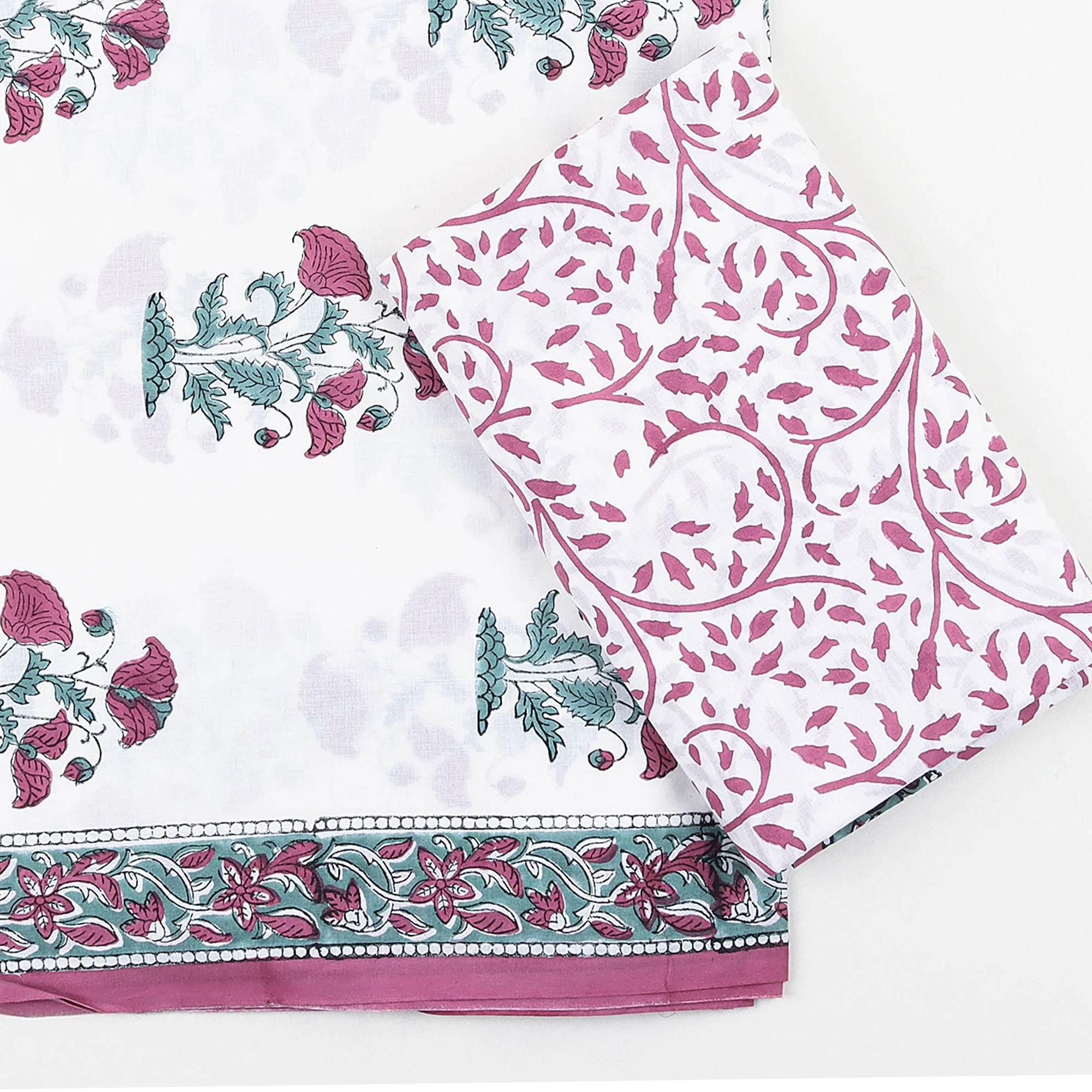 Handmade Floral Printed Woman 3PC Suit Set Kota Doria Dupatta - Image 2