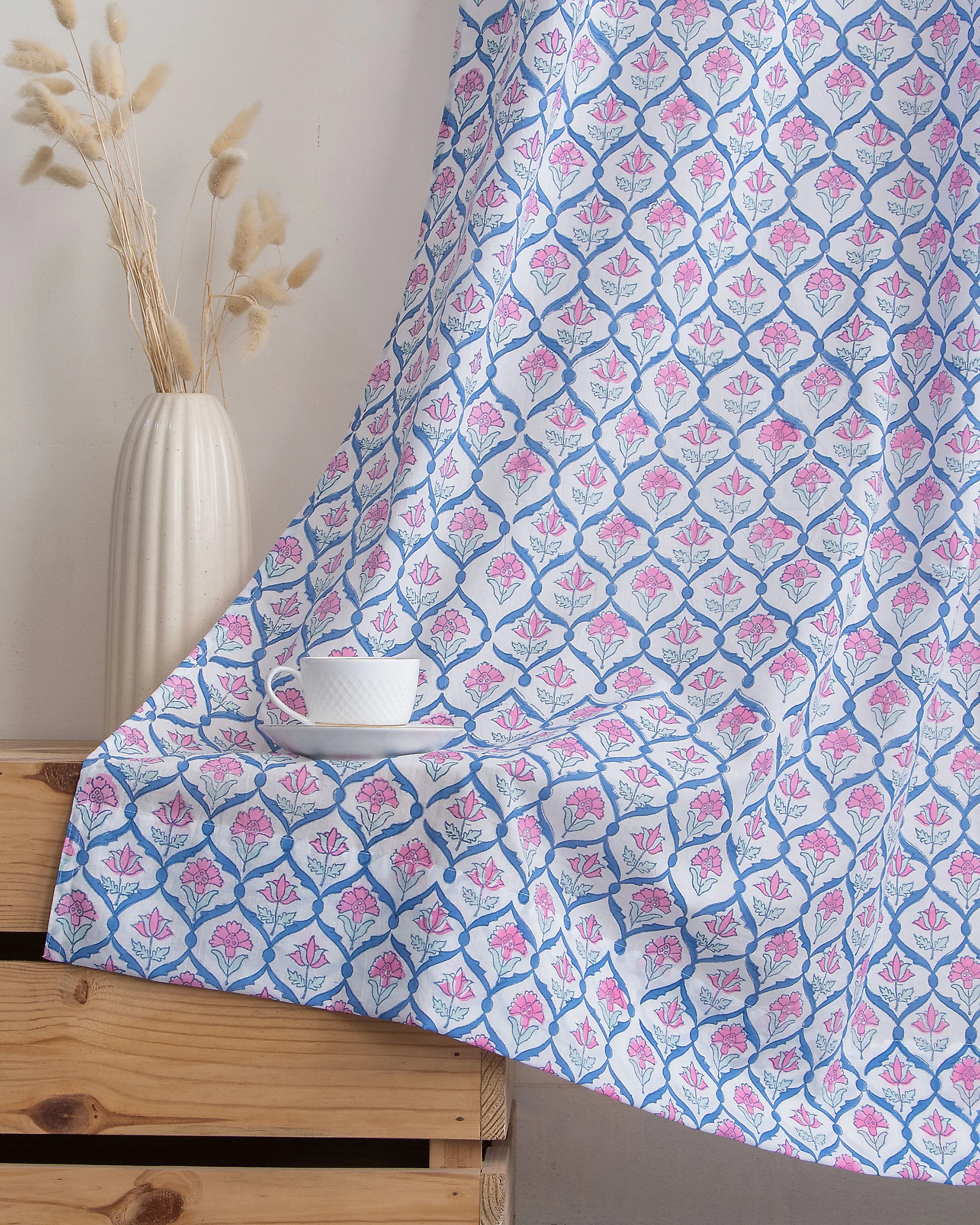 Vintage Floral Block Print Cotton Curtains - Image 4