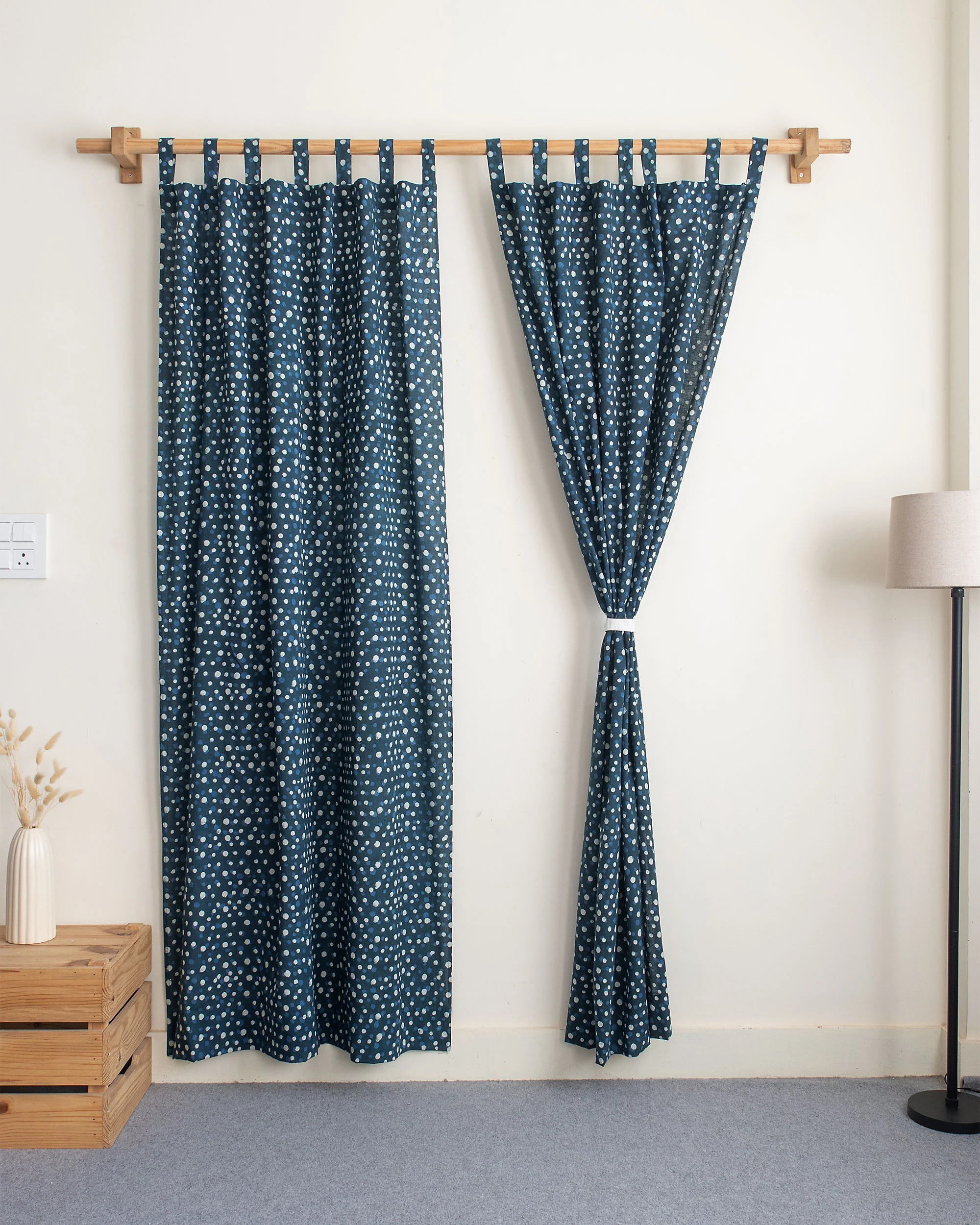 White and Blue Polka Dot Block Print Living Room Curtains - Image 3