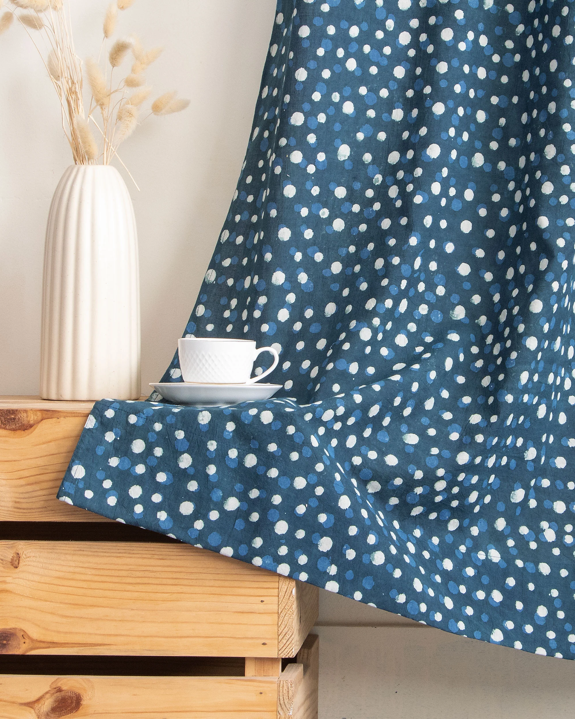 White and Blue Polka Dot Block Print Living Room Curtains - Image 4