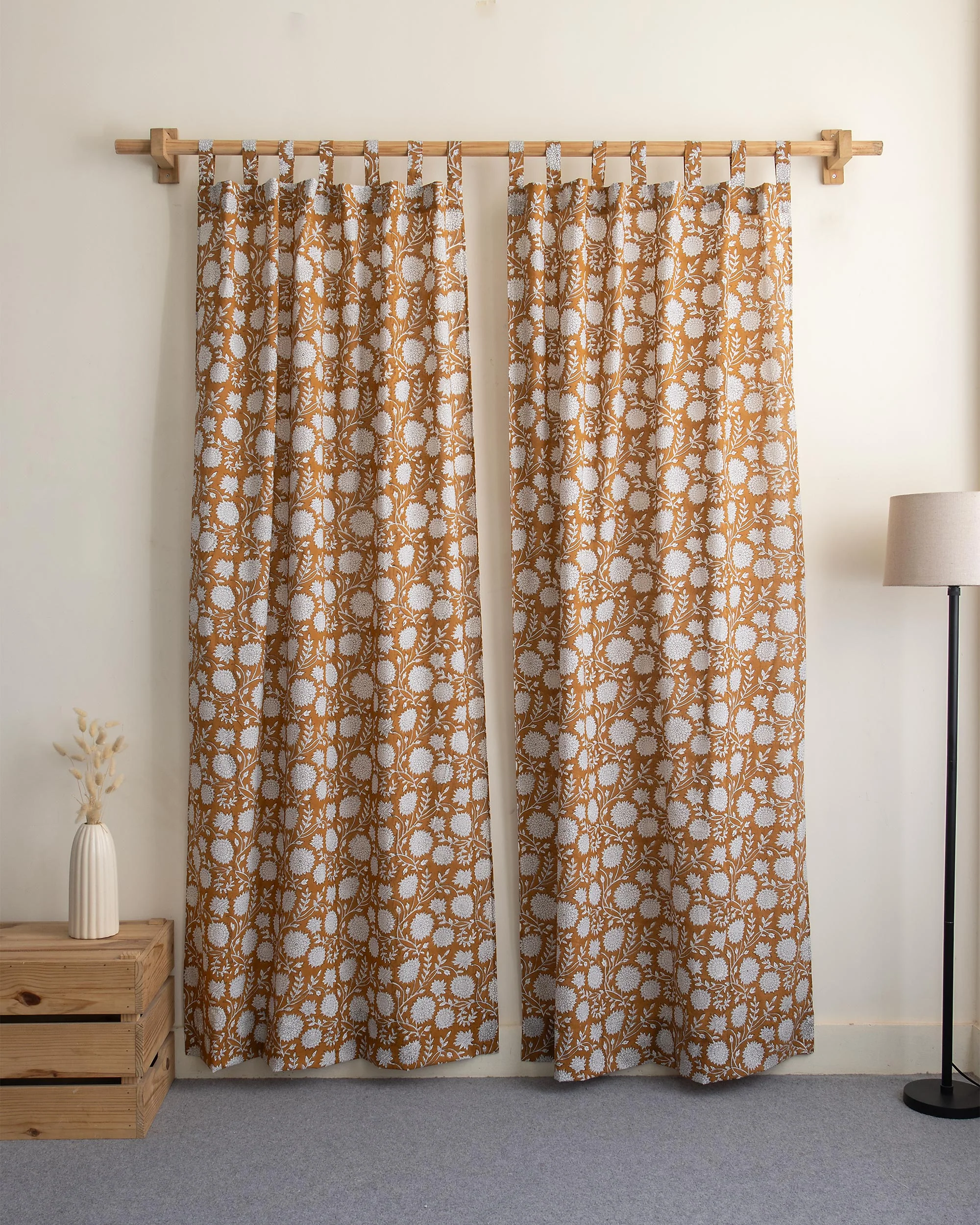 White Floral Block Printed Cotton Curtains - Image 2