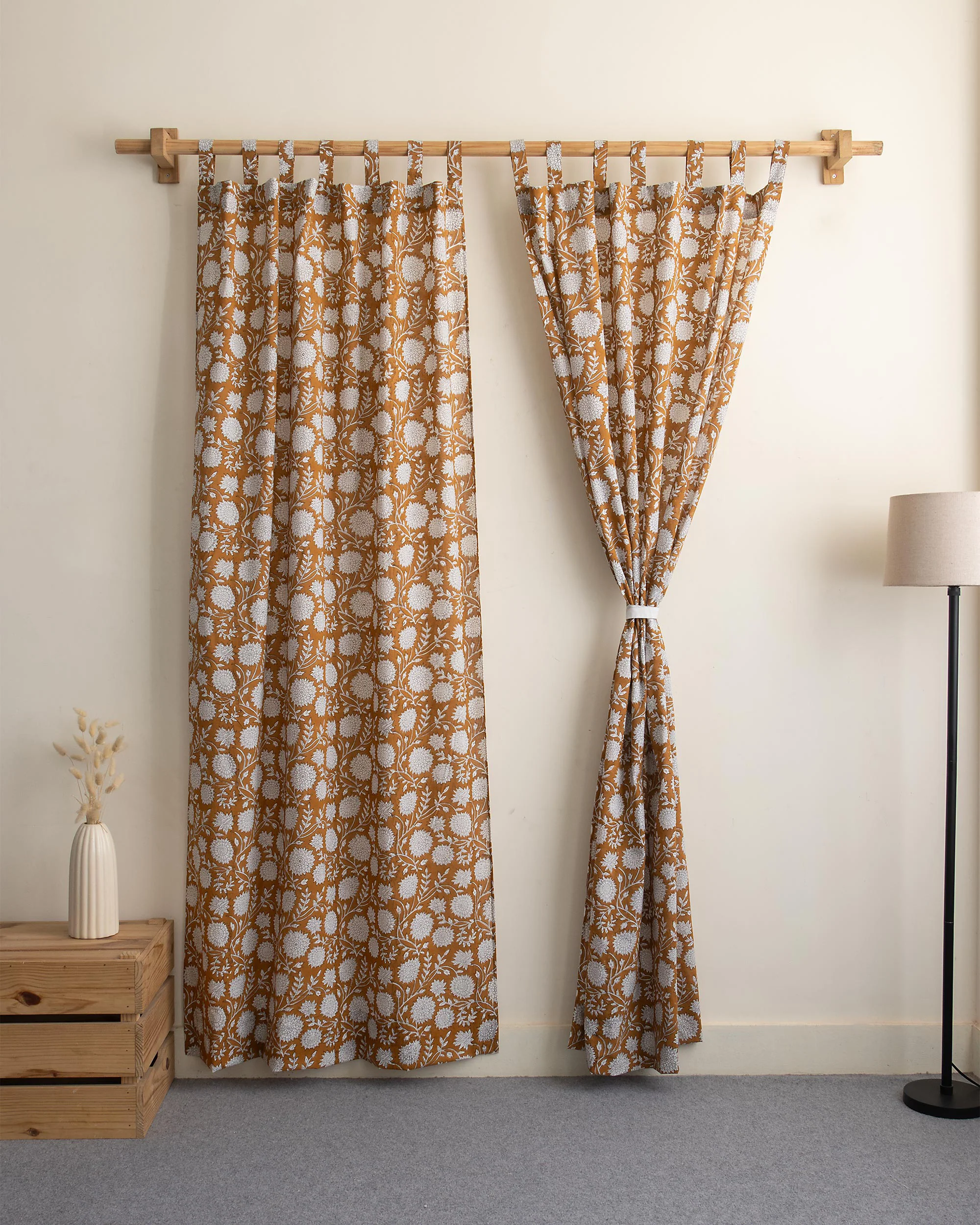 White Floral Block Printed Cotton Curtains - Image 3