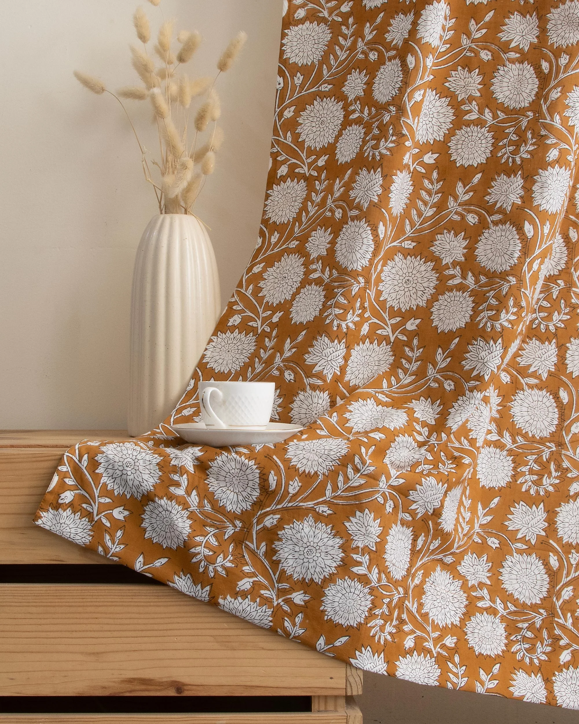 White Floral Block Printed Cotton Curtains - Image 4