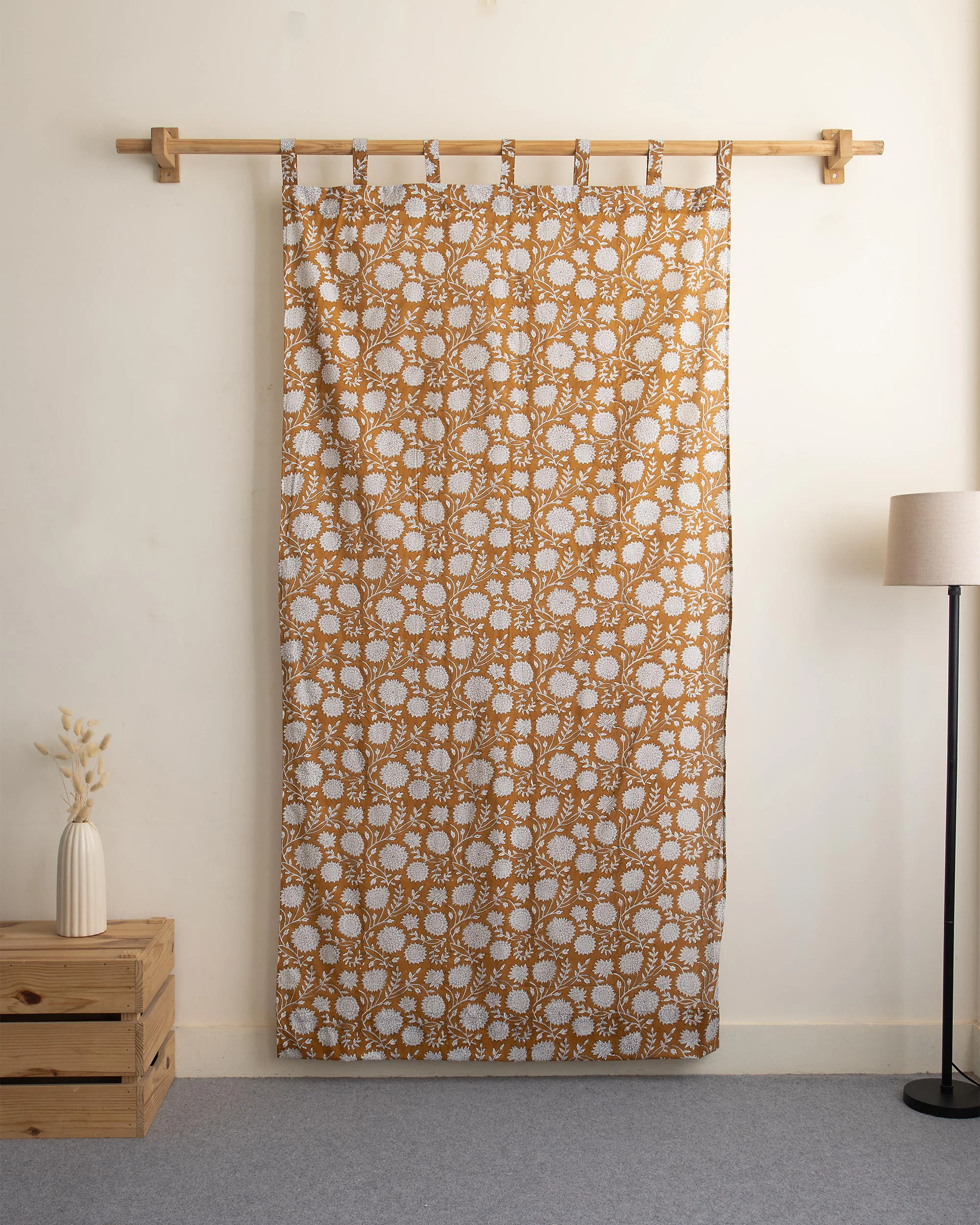 White Floral Block Printed Cotton Curtains - Image 5