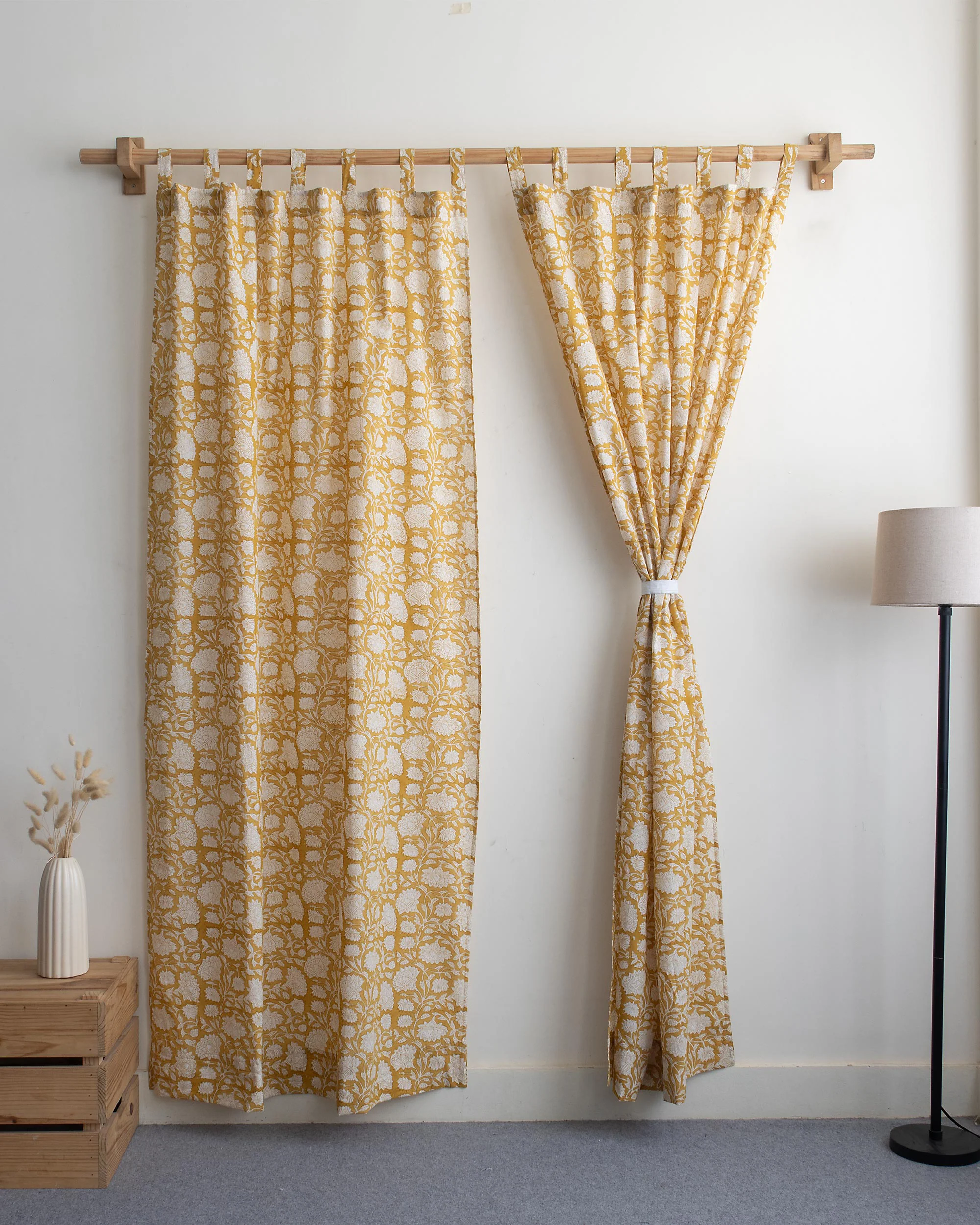 White Floral Block Printed Pure Cotton Curtain - Image 3