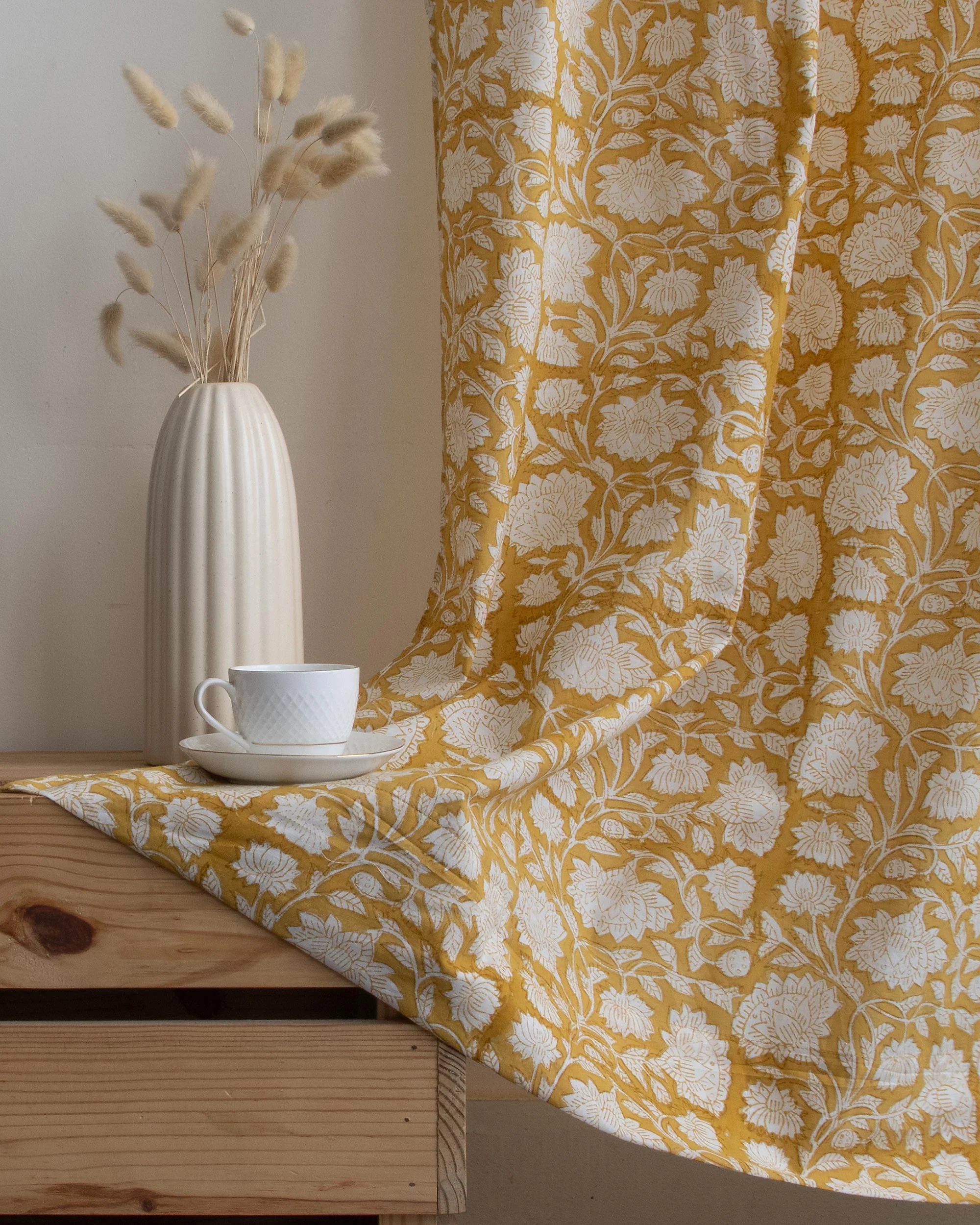 White Floral Block Printed Pure Cotton Curtain - Image 4