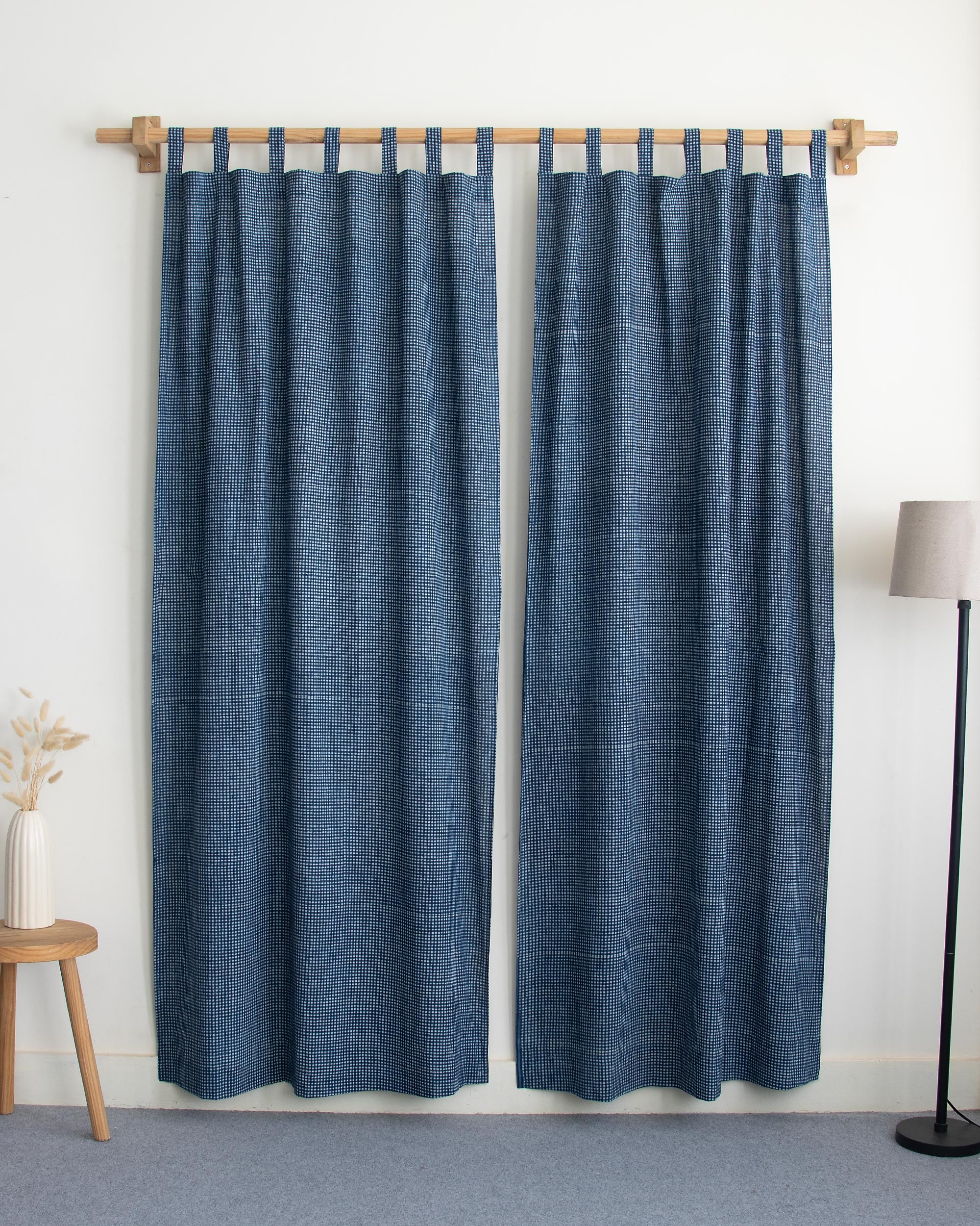 Shop White Gingham Check Block Printed Cotton Curtains - Image 2