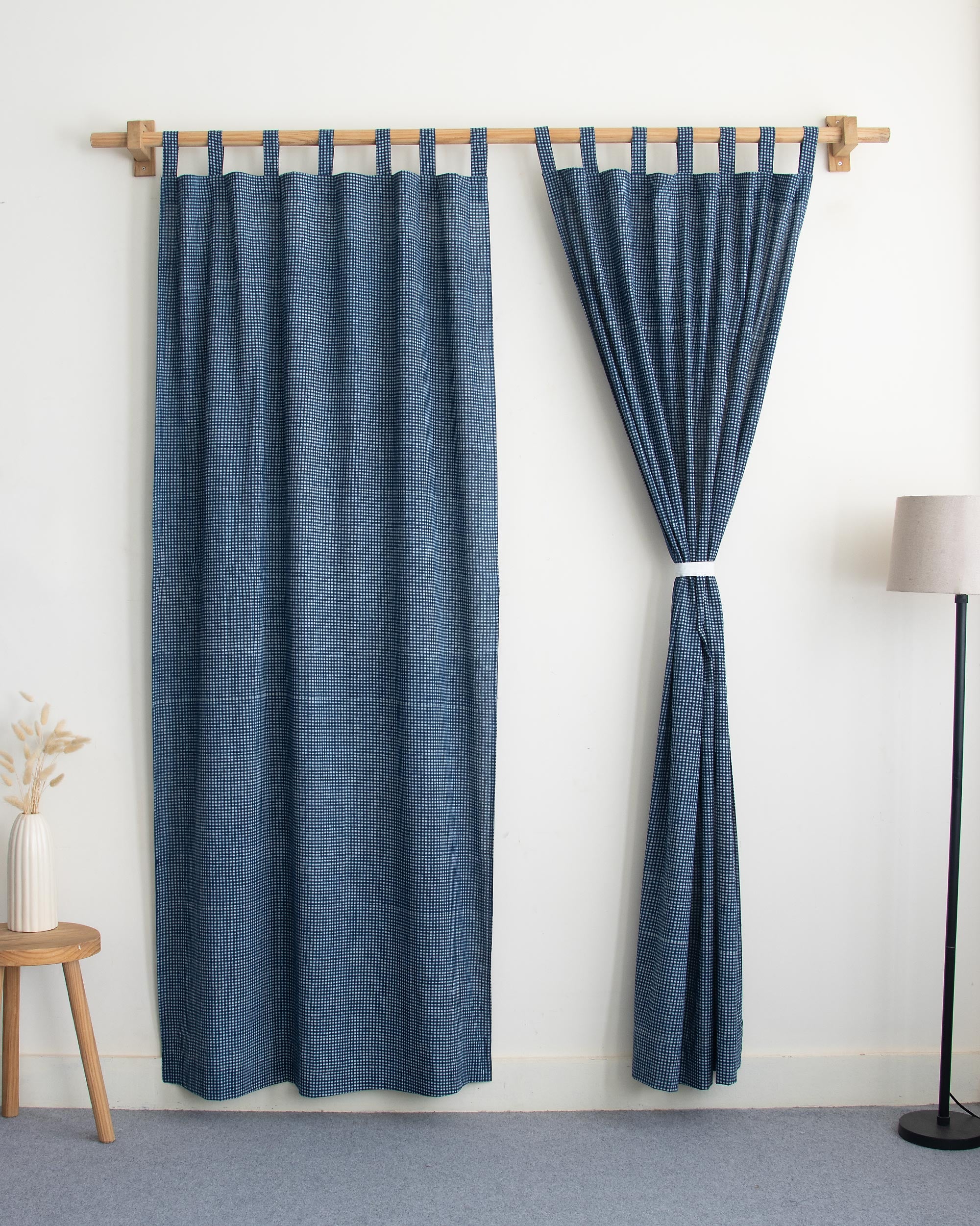Shop White Gingham Check Block Printed Cotton Curtains - Image 3