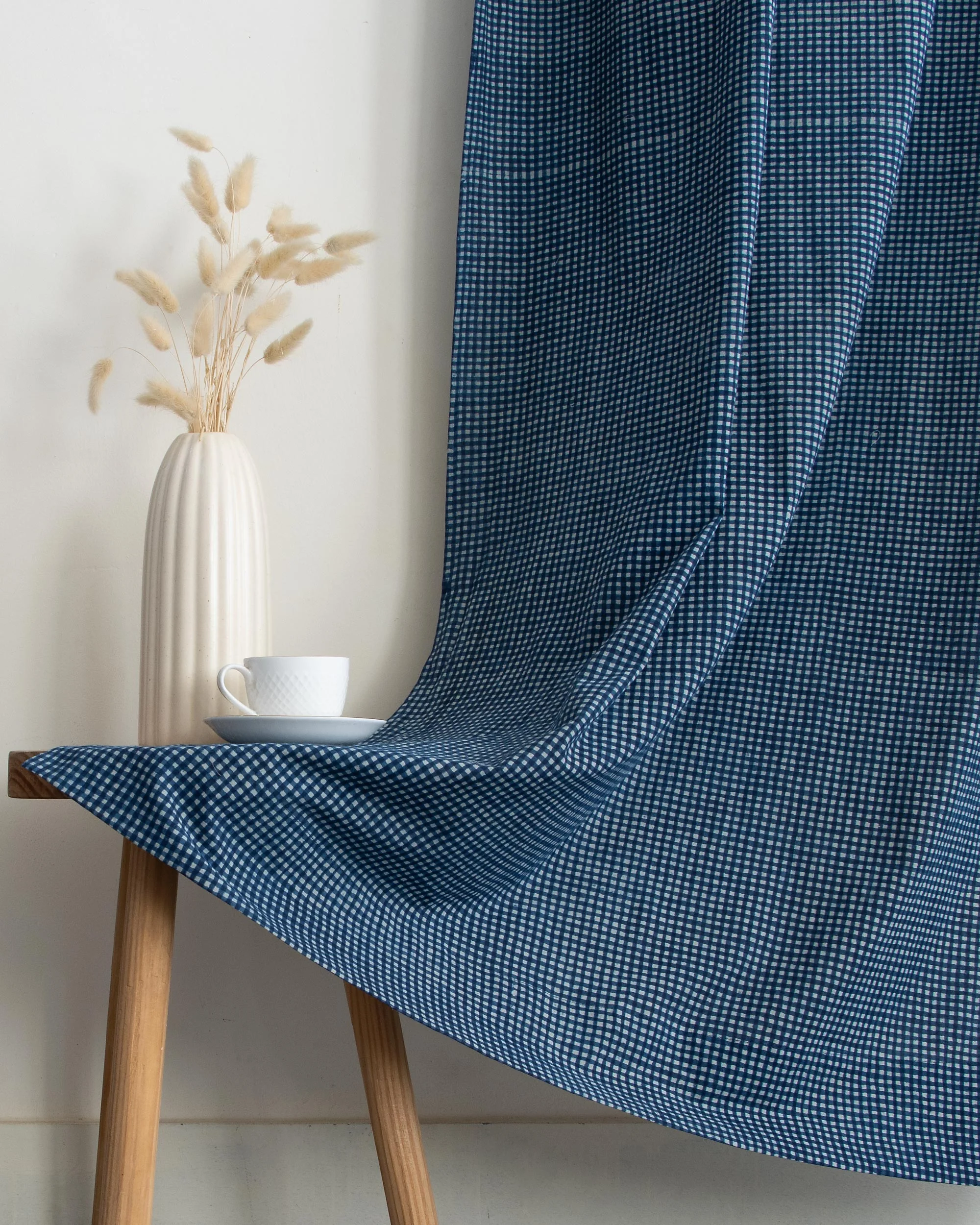 Shop White Gingham Check Block Printed Cotton Curtains - Image 4