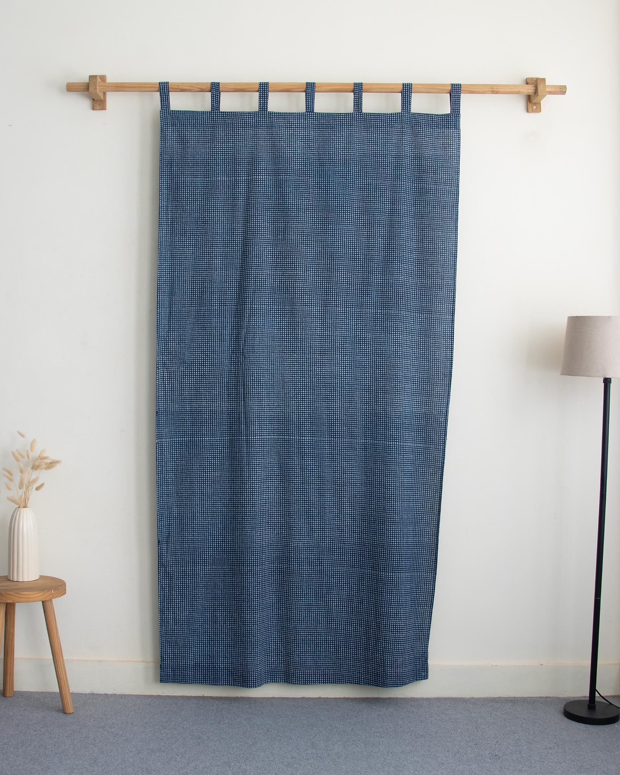 Shop White Gingham Check Block Printed Cotton Curtains - Image 5