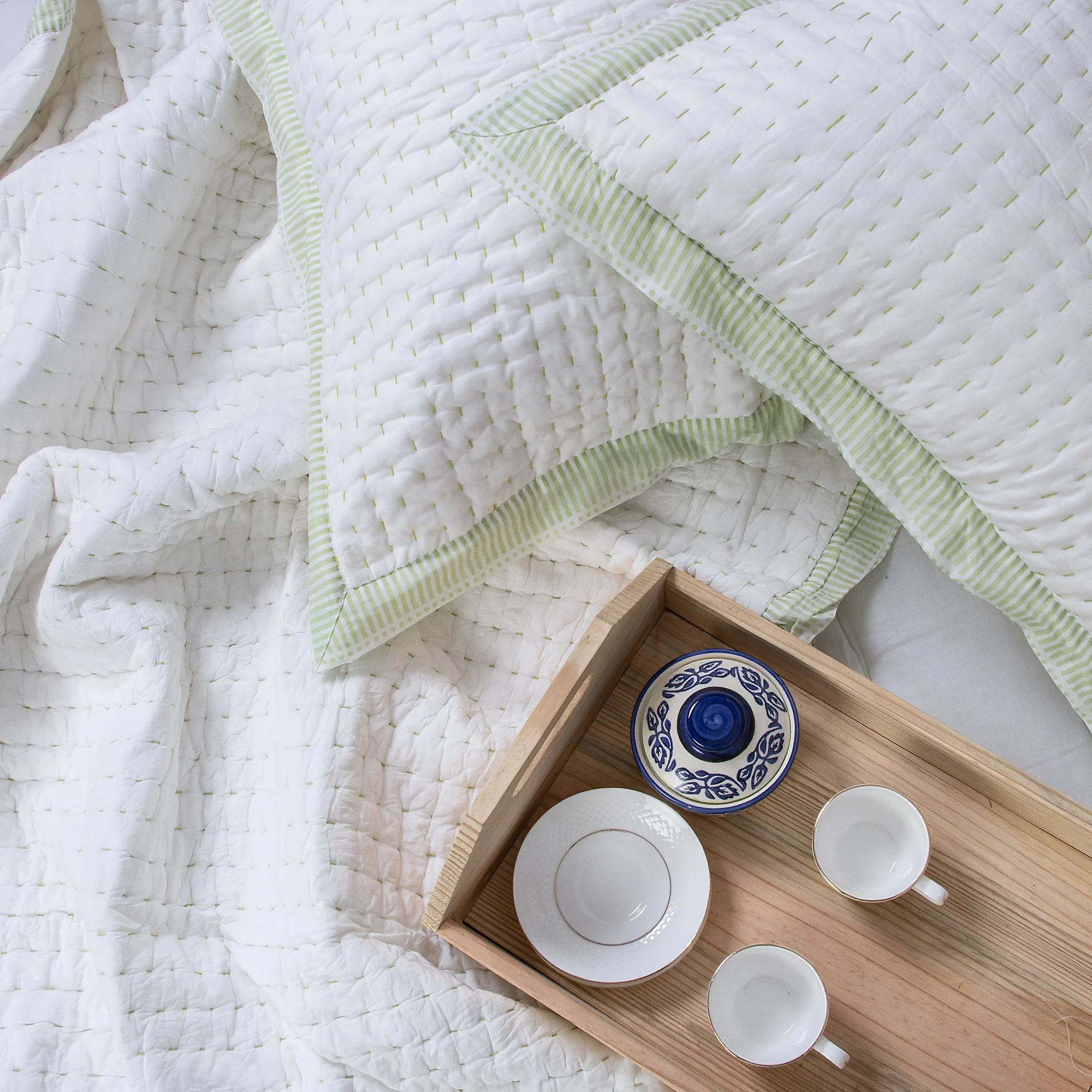 White Hand Stitched Indian Cotton Kantha Quilt Blanket - Image 4