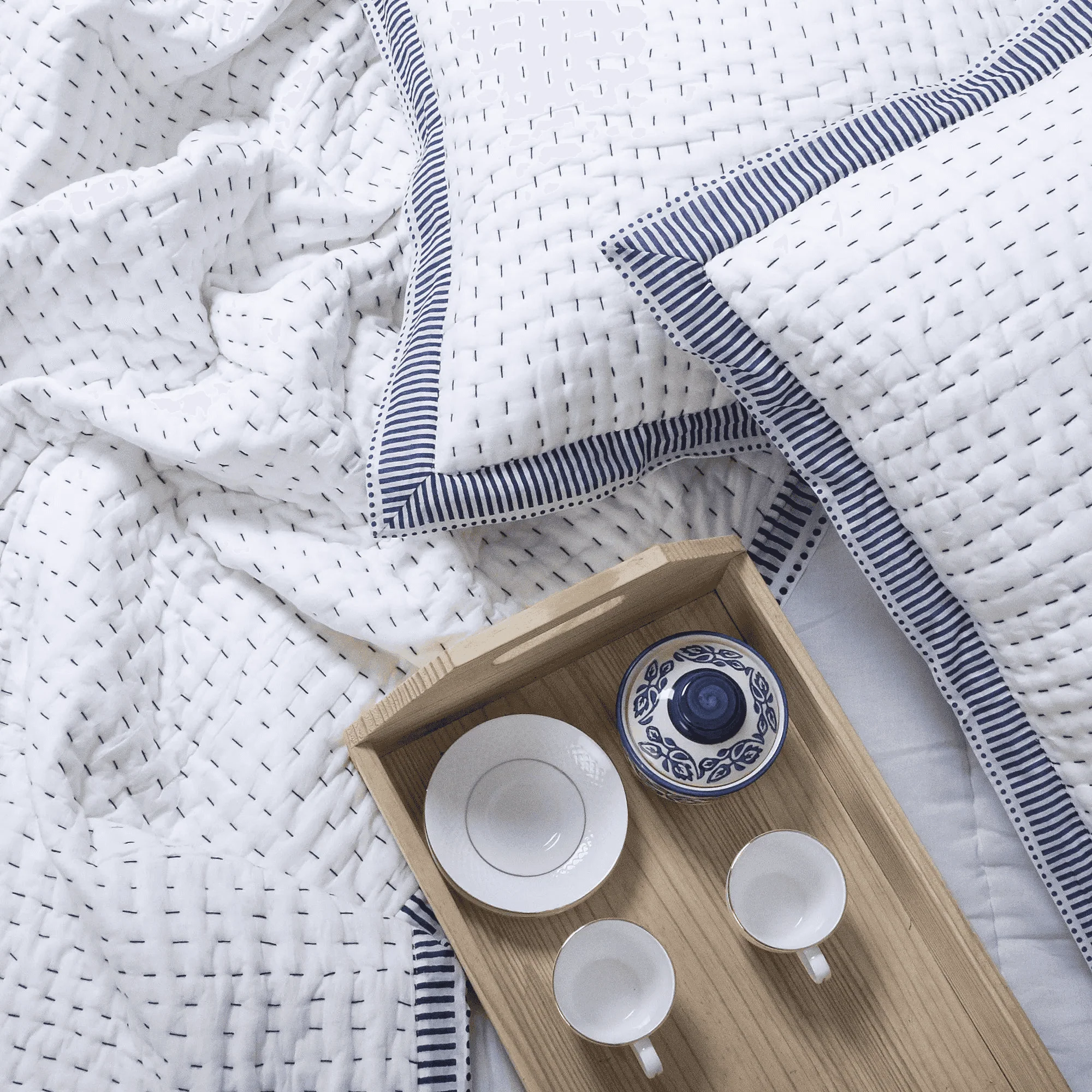 Classy White Hand Stitched Indian Cotton Kantha Quilts - Image 3