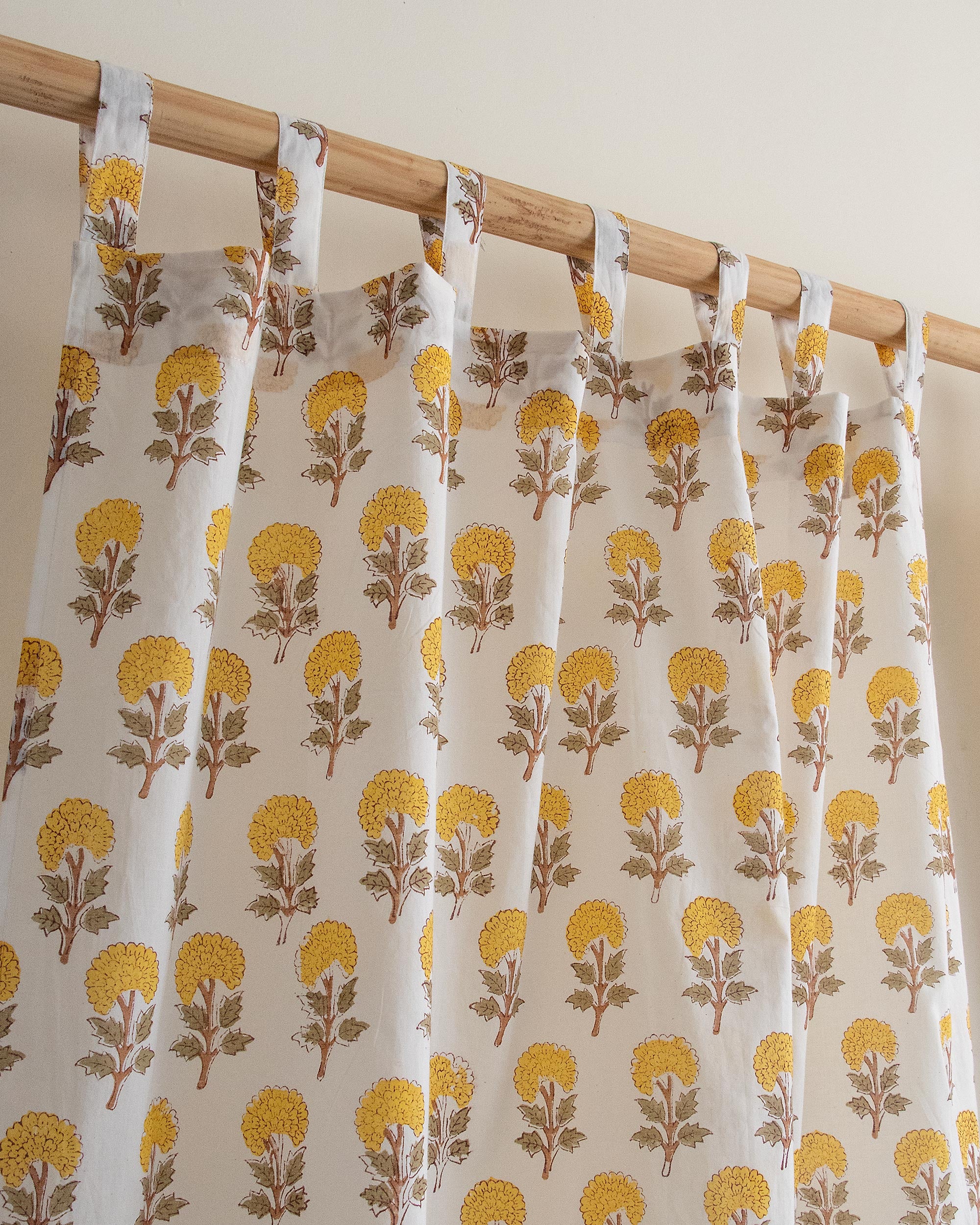Yellow Floral Block Printed Cotton Curtains
