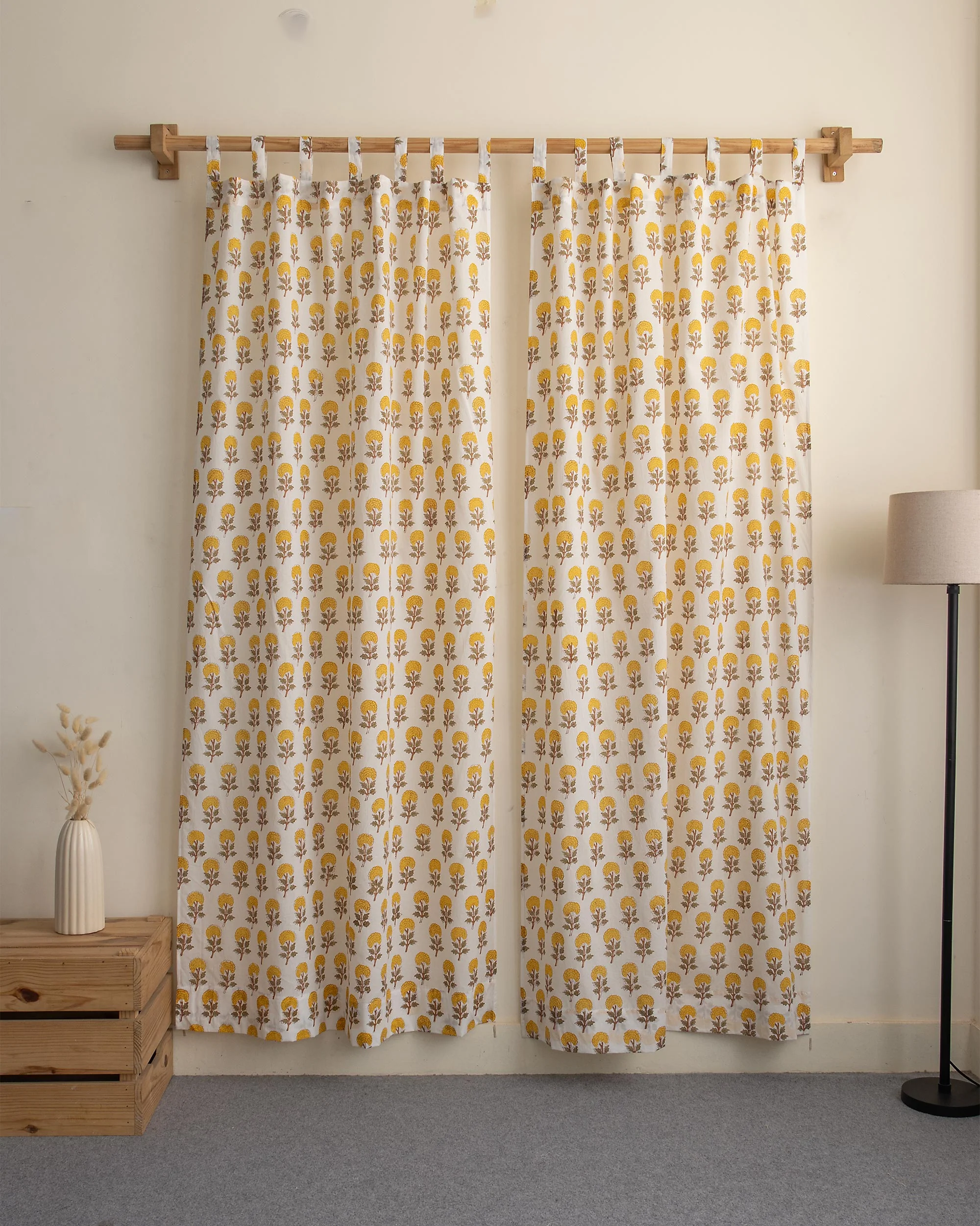 Yellow Floral Block Printed Cotton Curtains - Image 2