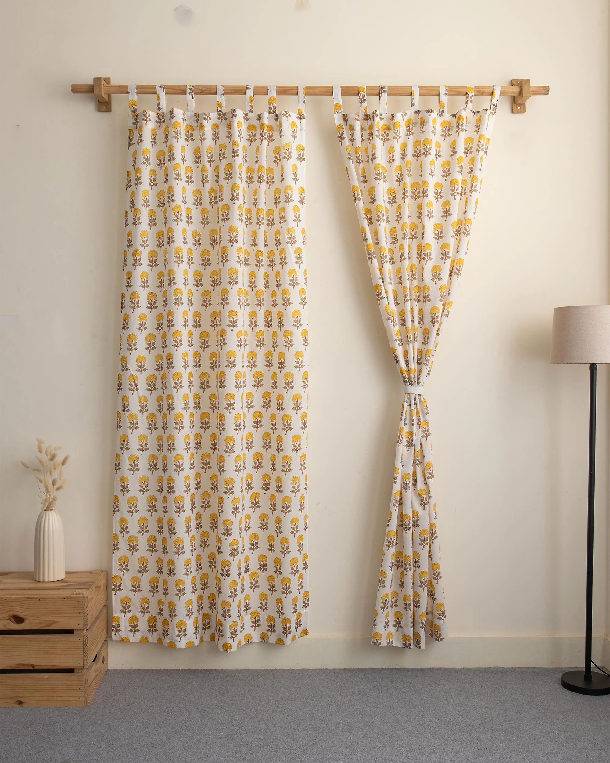 Yellow Floral Block Printed Cotton Curtains - Image 3
