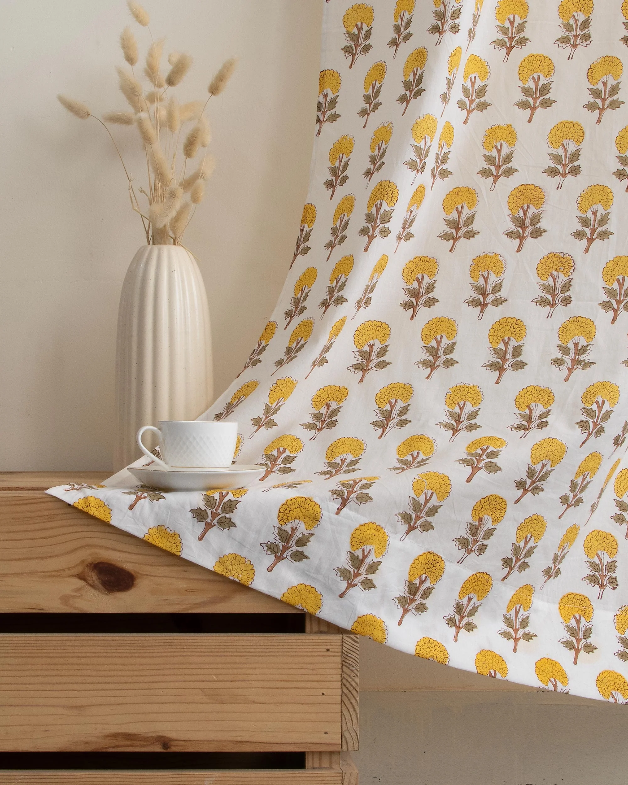 Yellow Floral Block Printed Cotton Curtains - Image 4