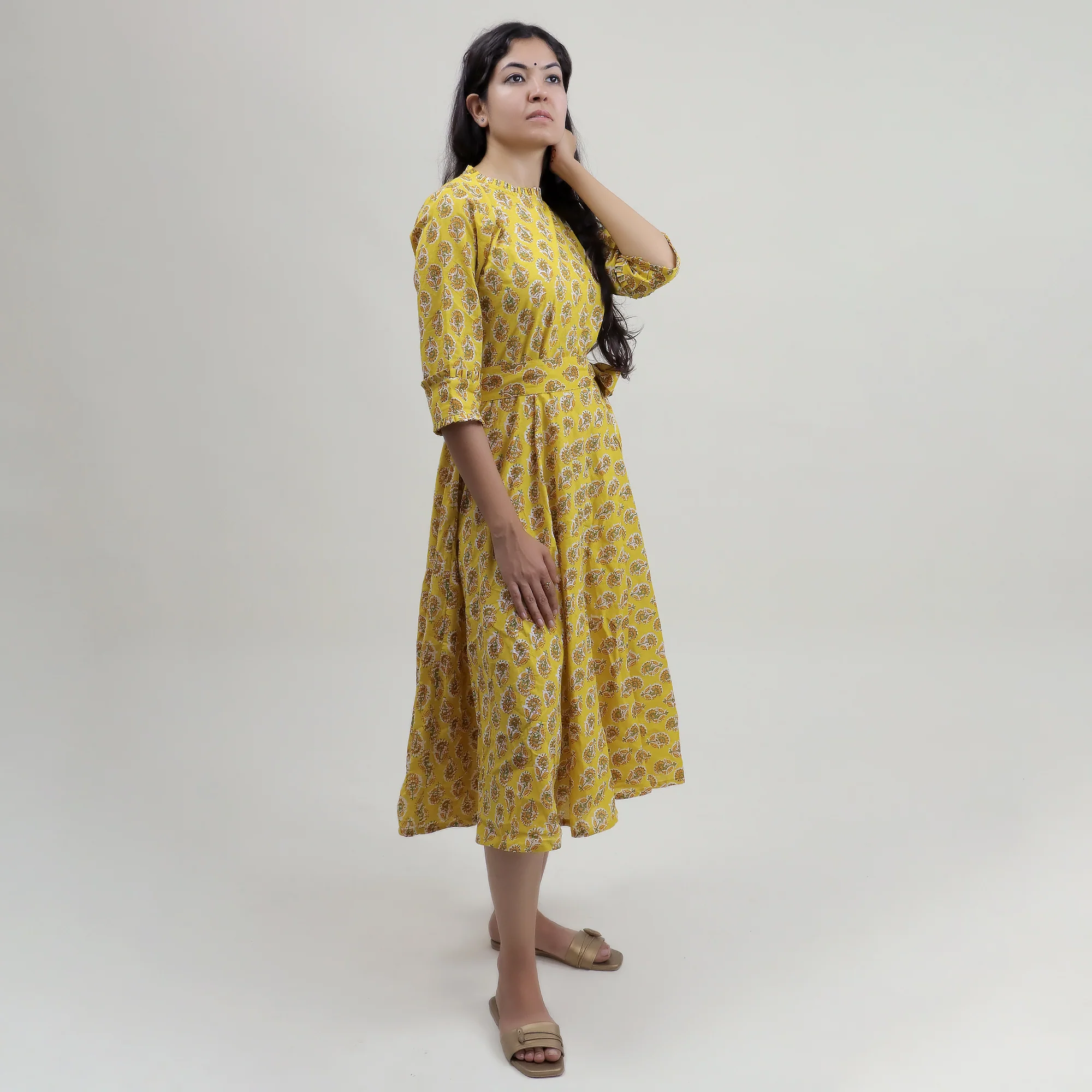 Floral Cotton Summer Midi Dress with Belt