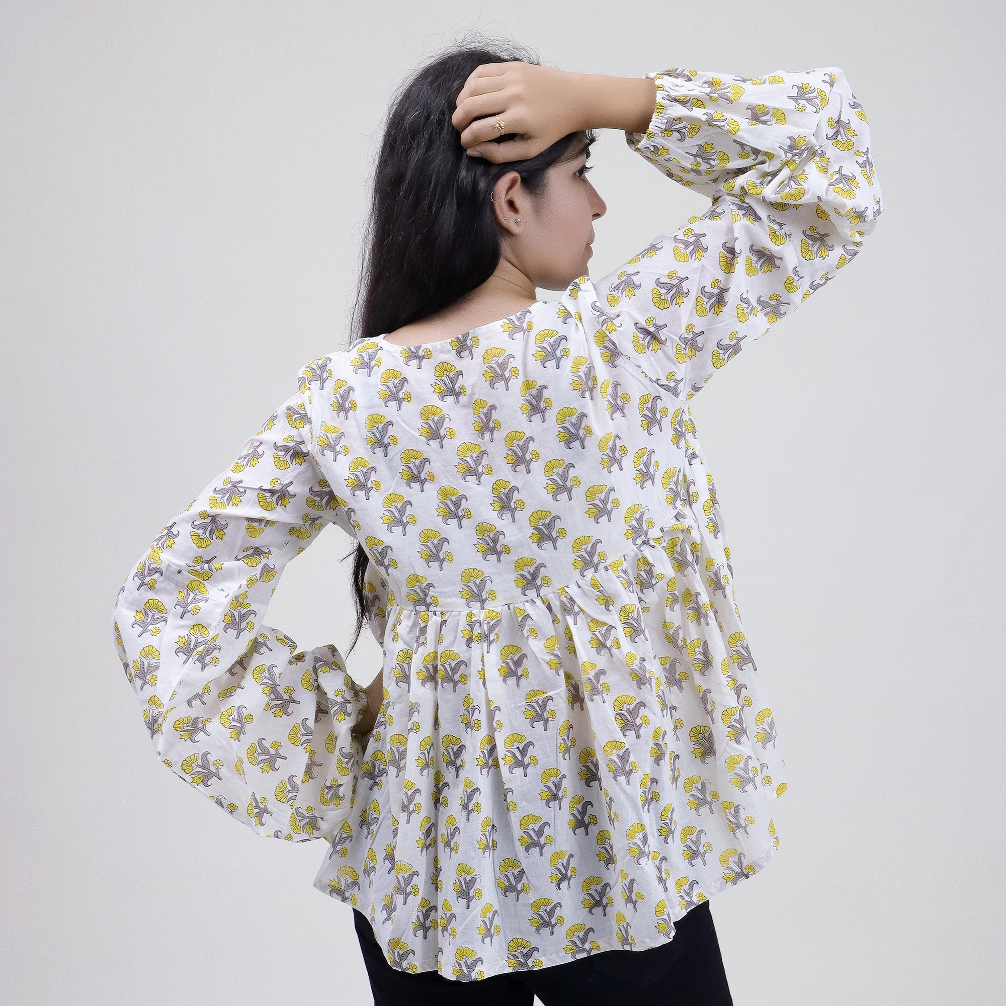 Yellow Floral Printed V Neck Short Top For Girls - Image 2
