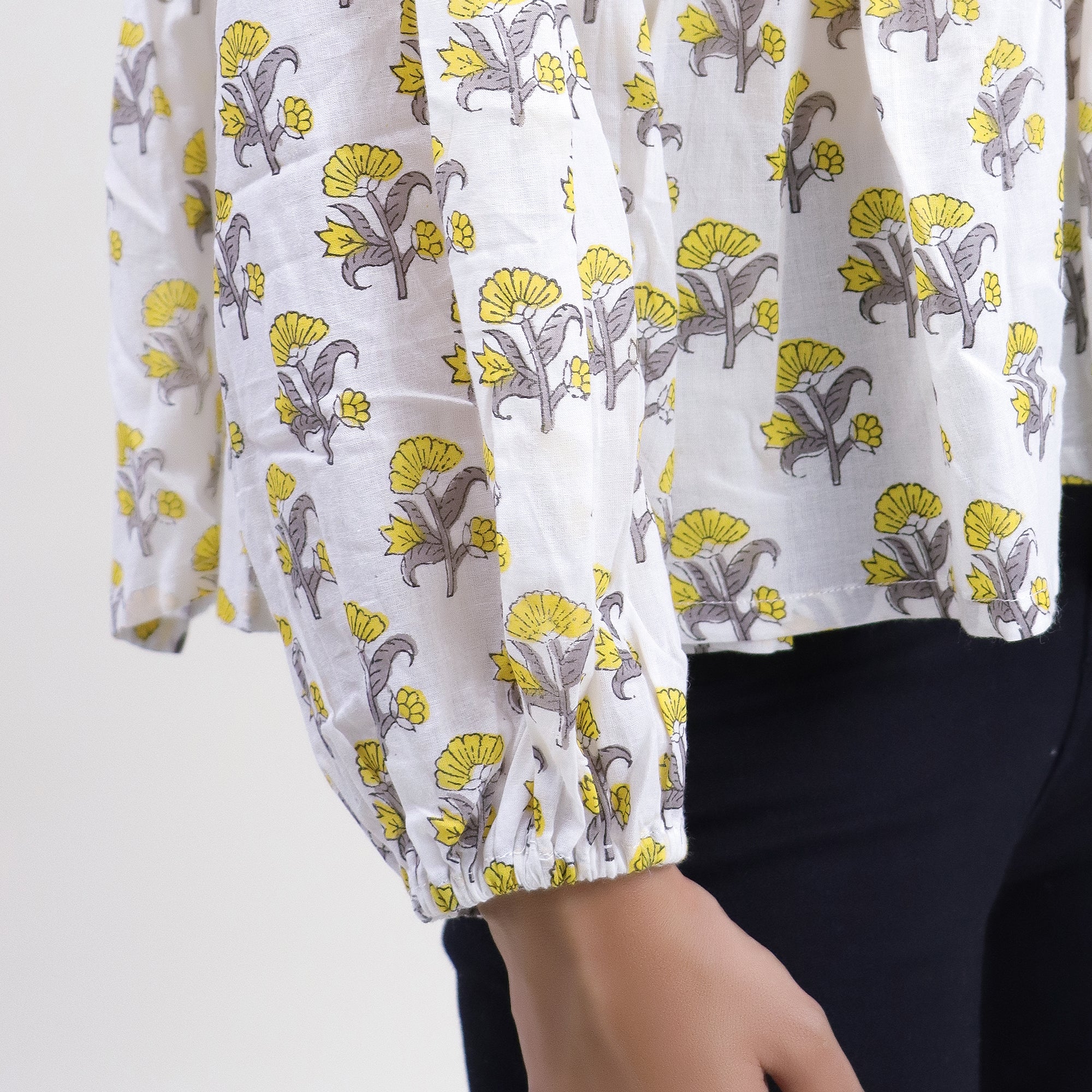 Yellow Floral Printed V Neck Short Top For Girls - Image 4
