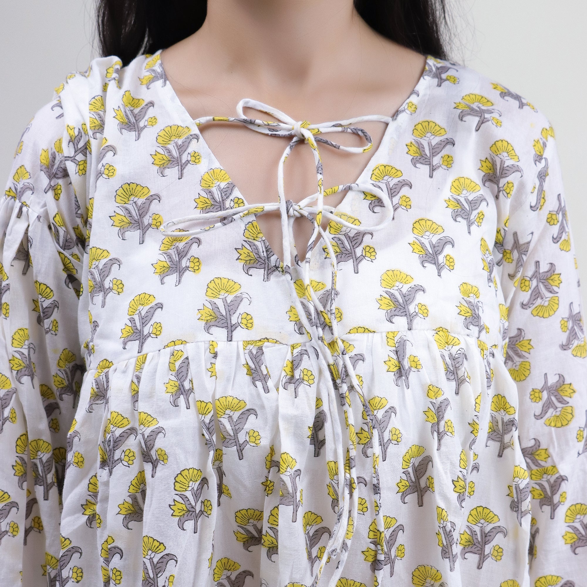 Yellow Floral Printed V Neck Short Top For Girls - Image 5