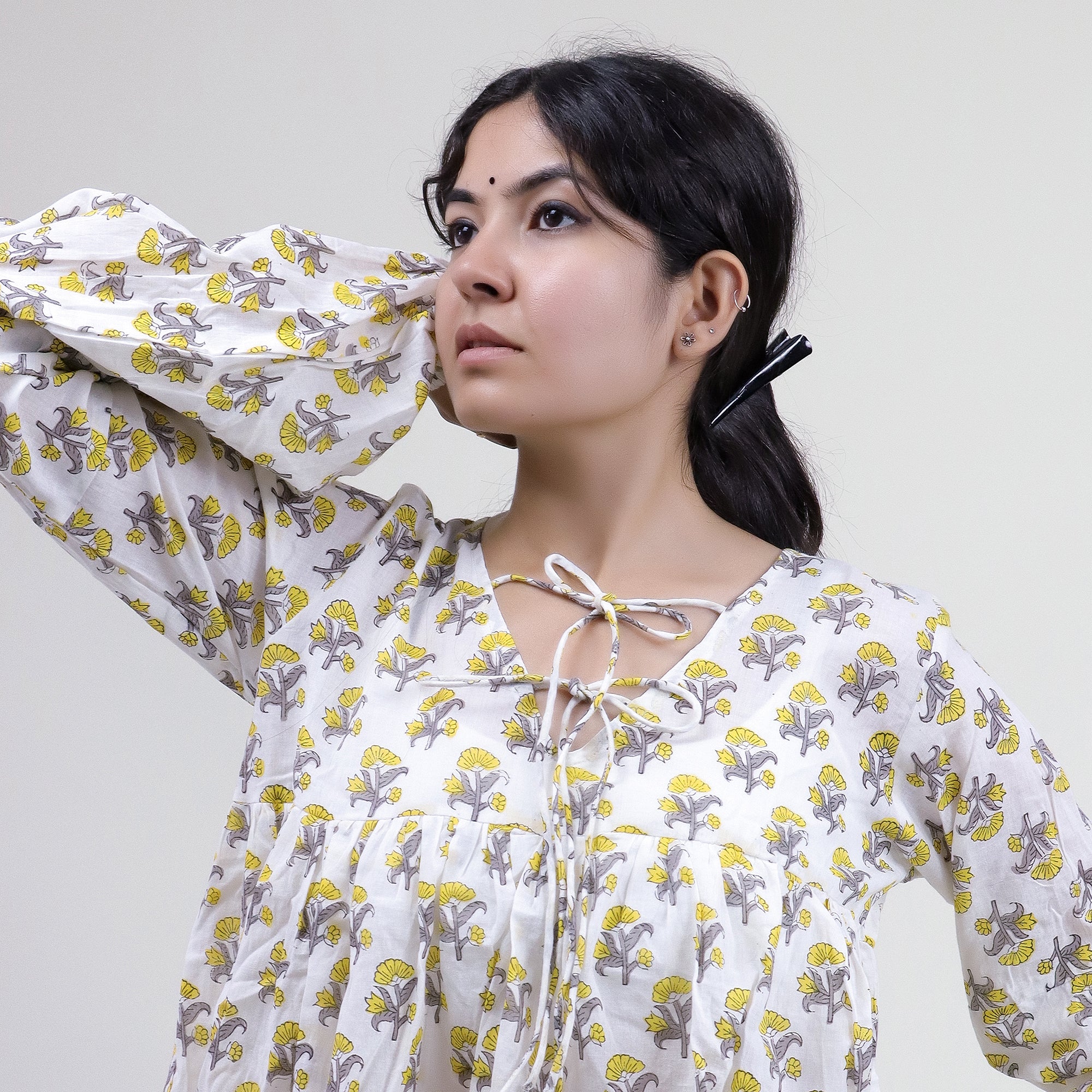 Yellow Floral Printed V Neck Short Top For Girls - Image 6