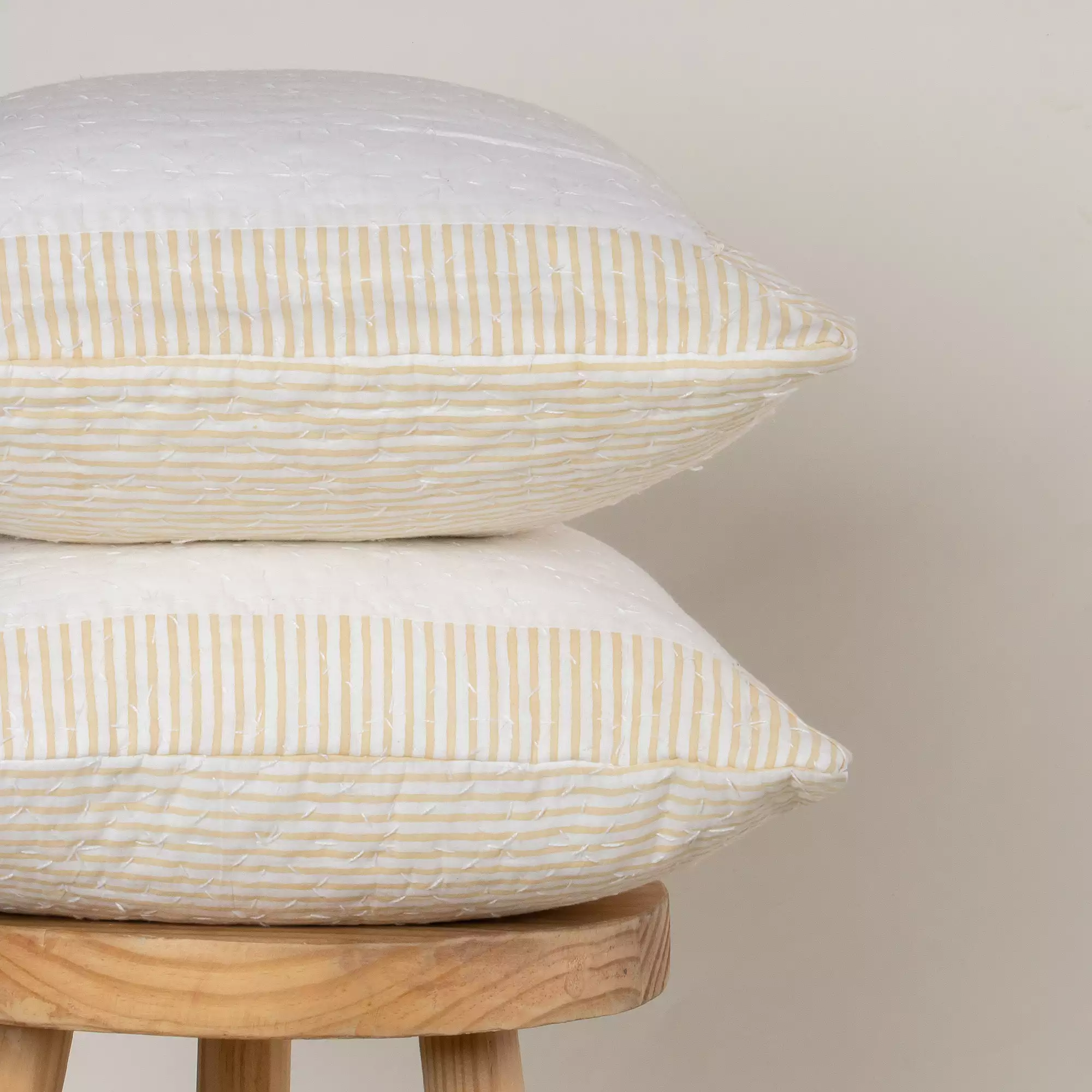 Yellow Stripe Pure Cotton Quilted Kantha Cushion Cover - Image 3