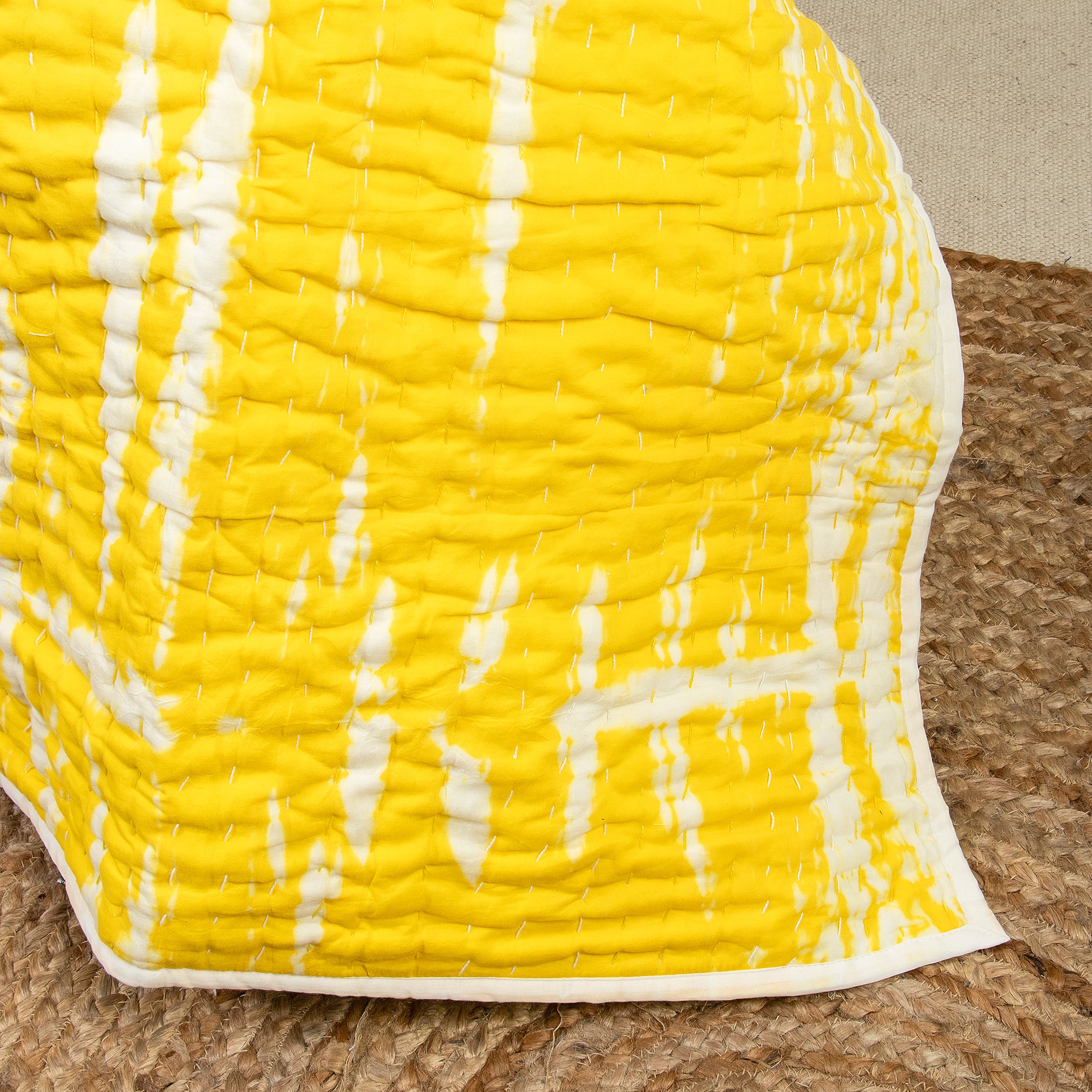 Yellow Natural Tie Dye Cotton Handmade Indian Kantha Quilts - Image 4